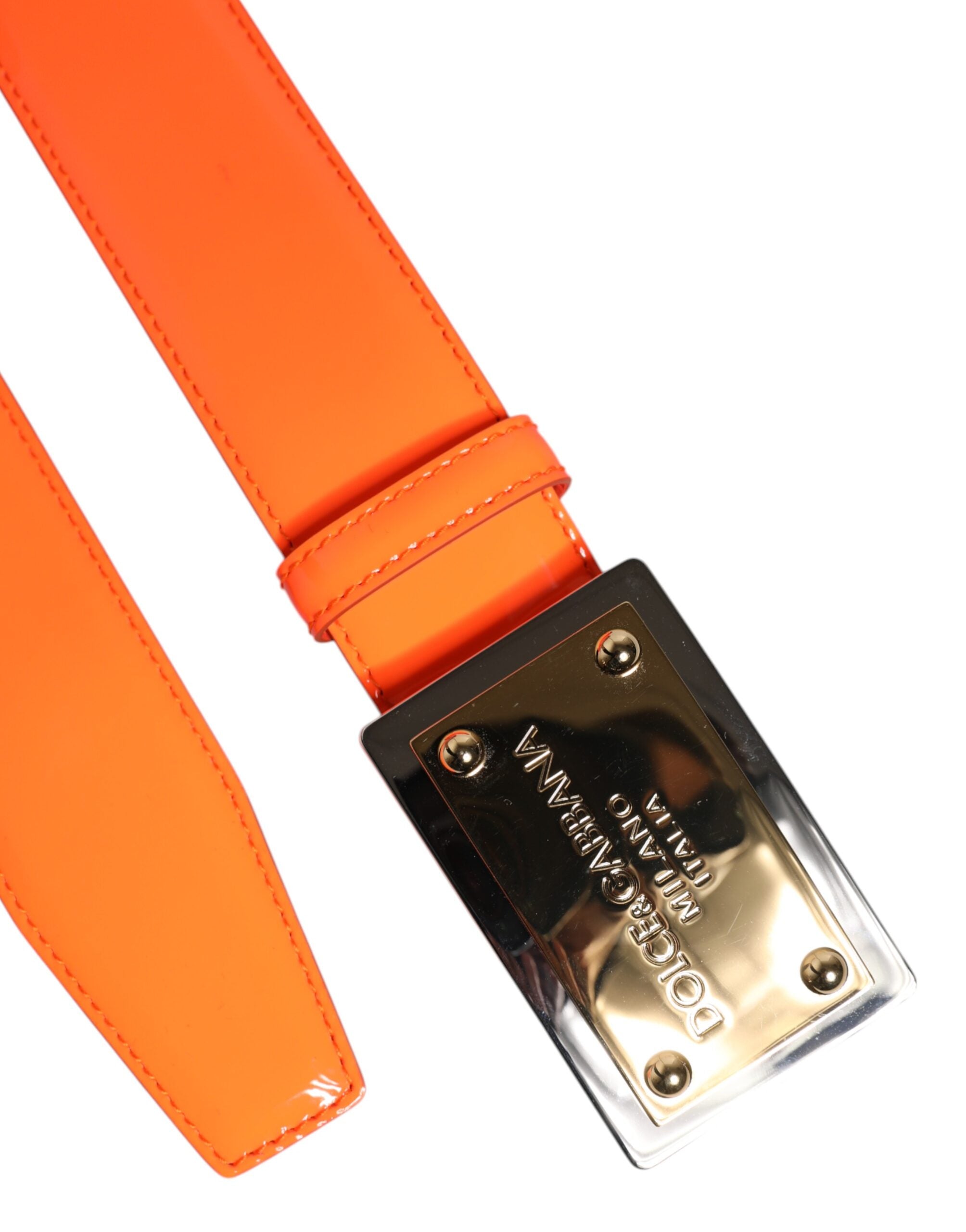 Orange Gold Tone Metal Logo Buckle Belt - ventzia