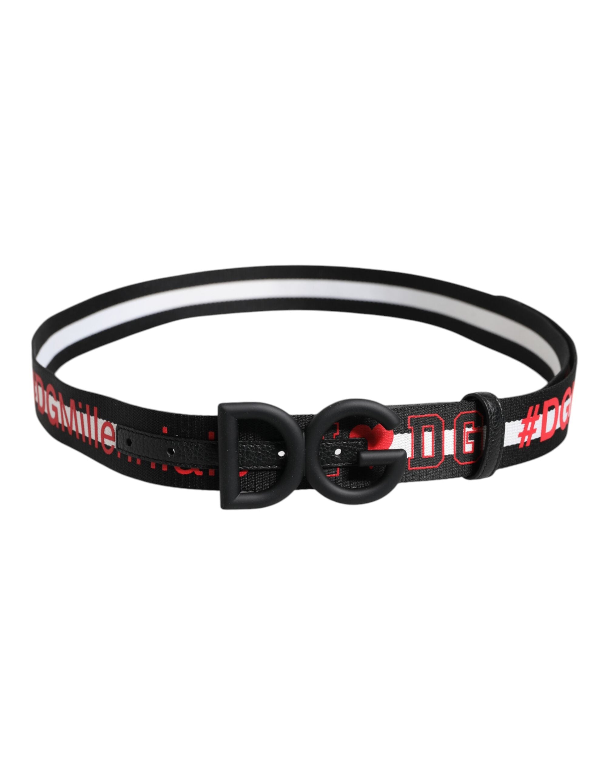 Black Polyester Logo Print DG Buckle Belt - ventzia