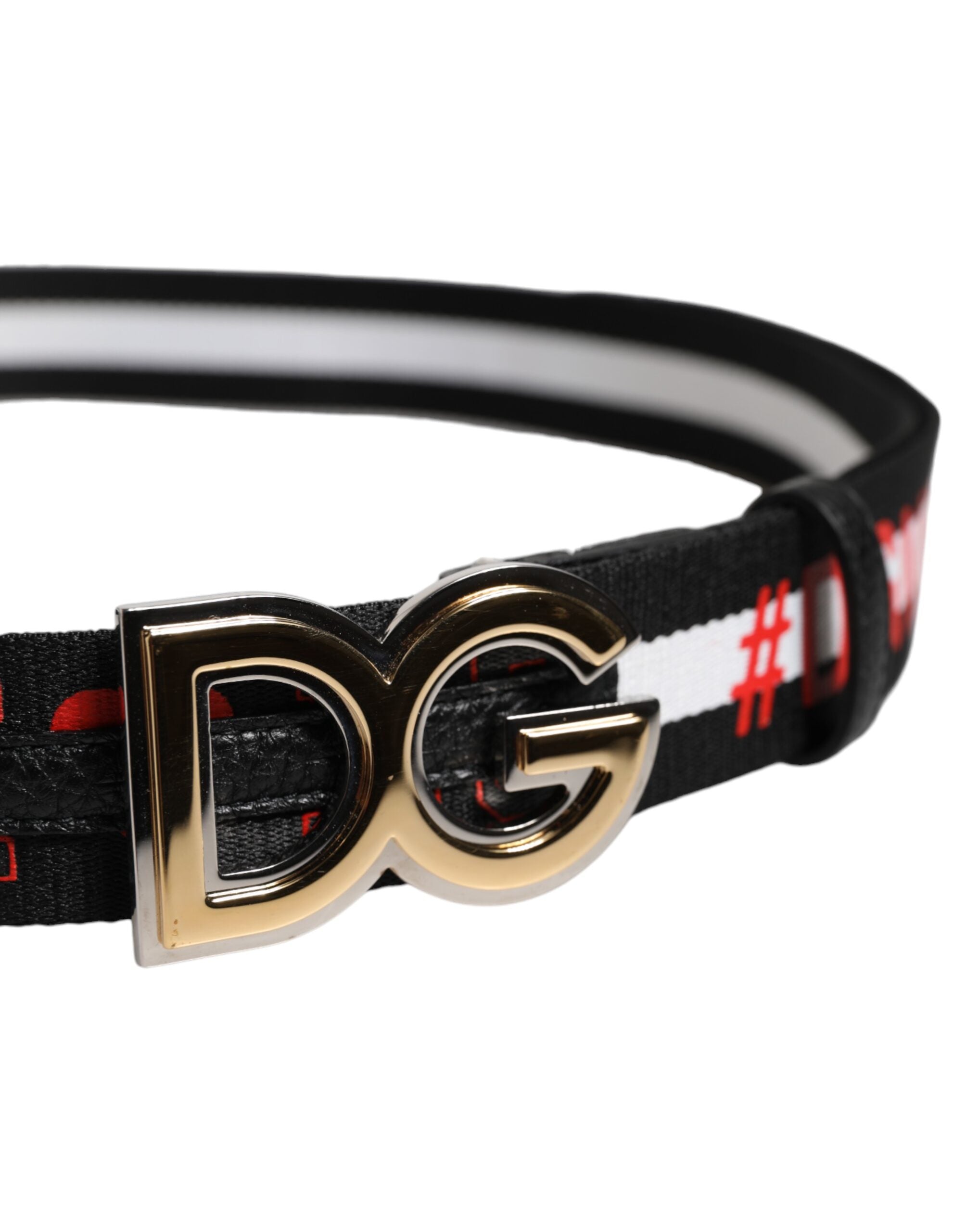 Black Cotton Logo Print DG Buckle Belt - ventzia