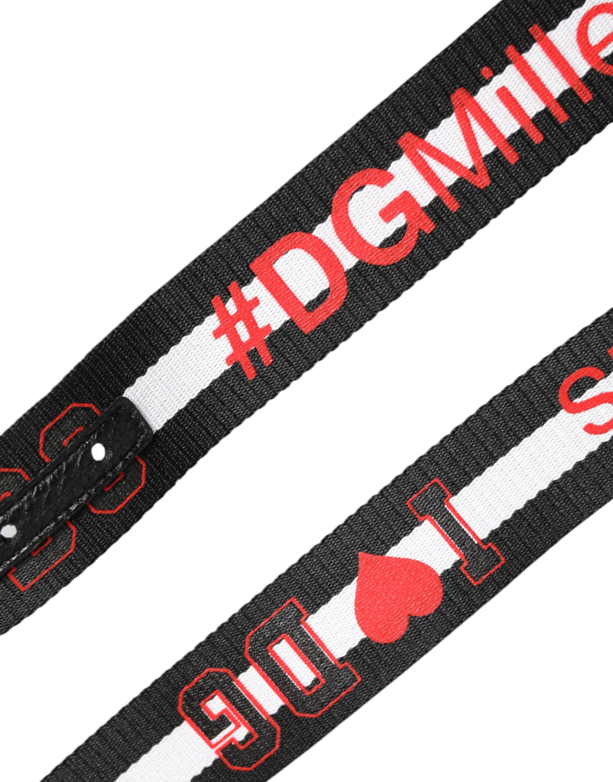 Black Cotton Logo Print DG Buckle Belt - ventzia