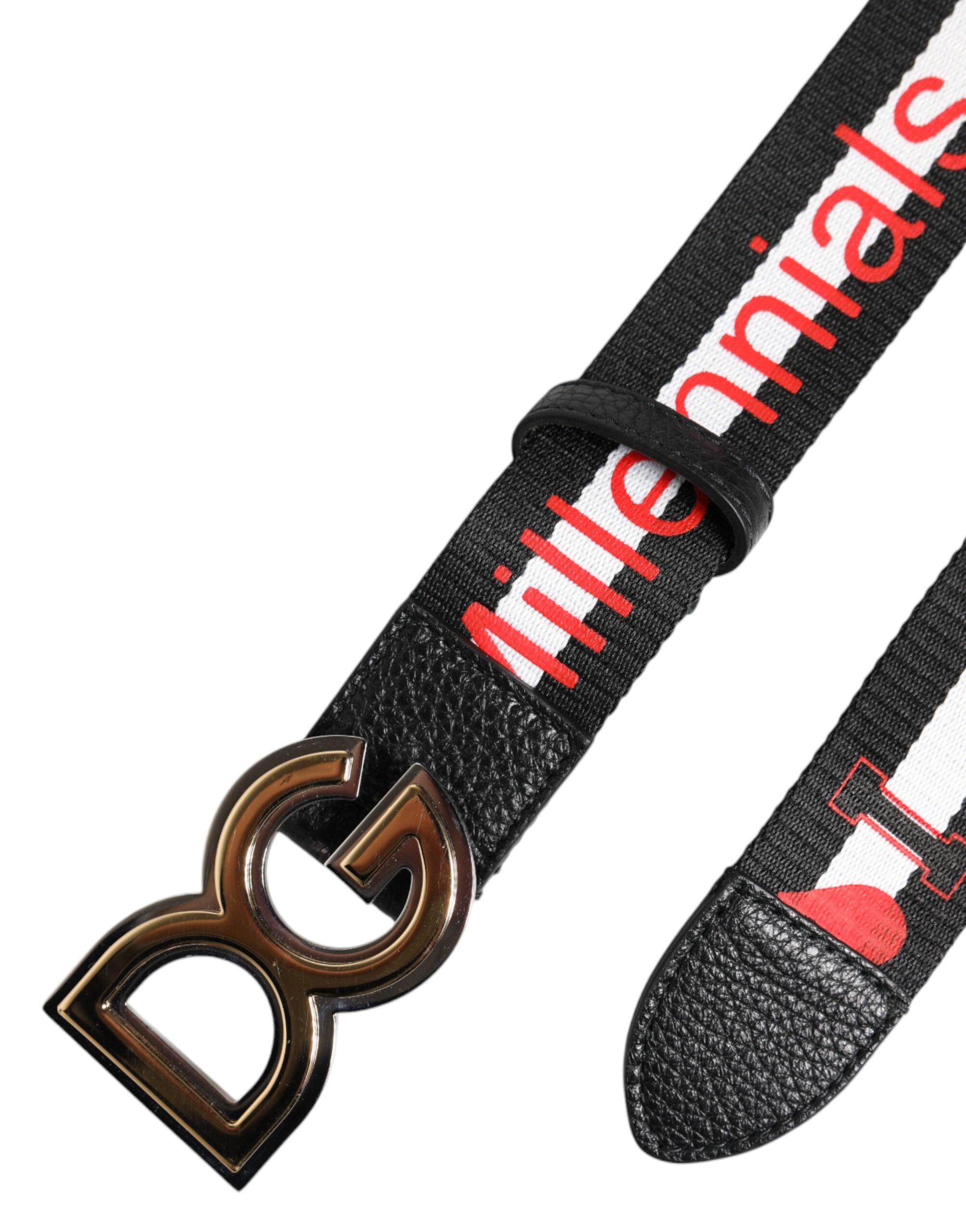 Black Cotton Logo Print DG Buckle Belt - ventzia