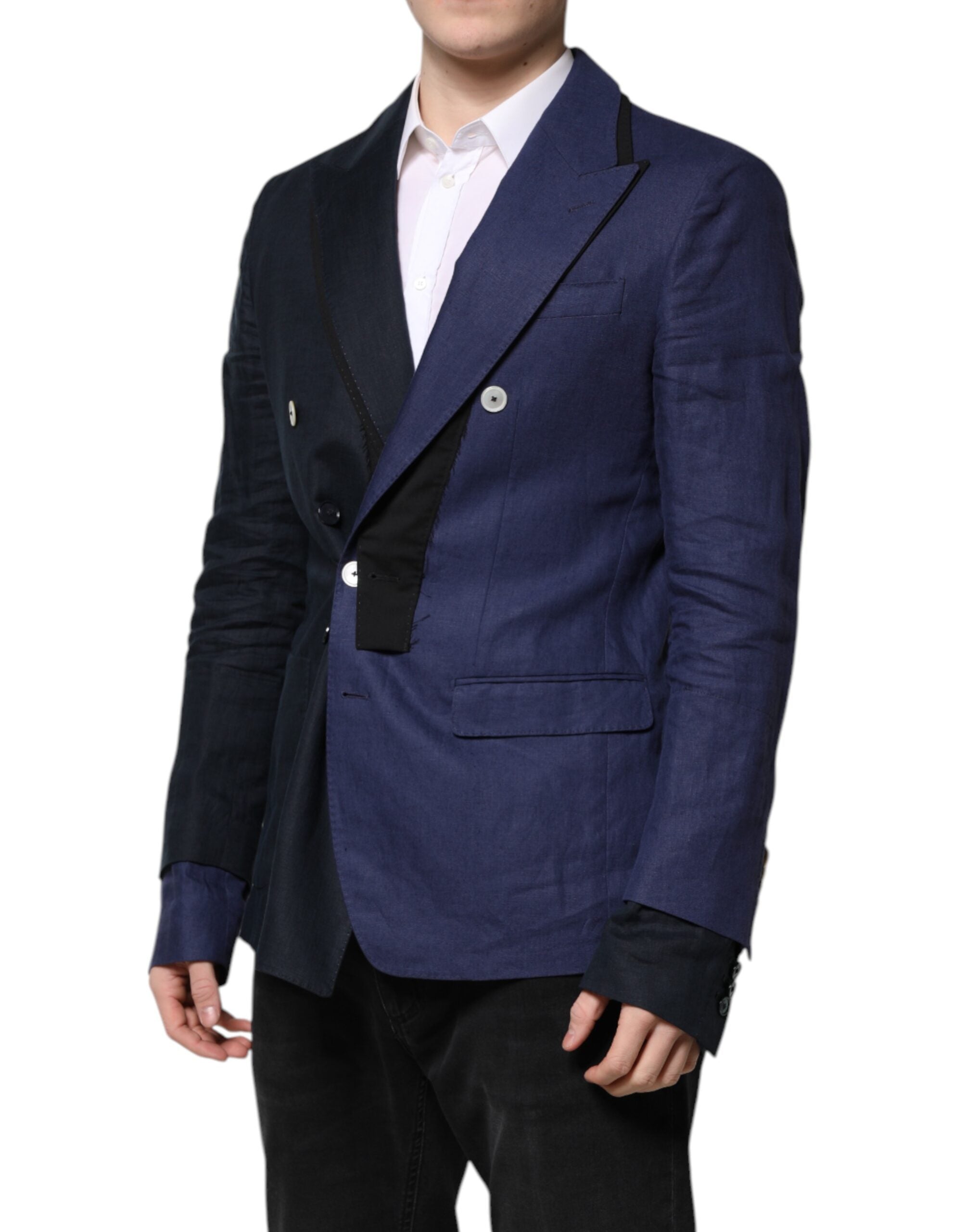 Navy Blue Double Breasted Suit Coat Blazer - ventzia