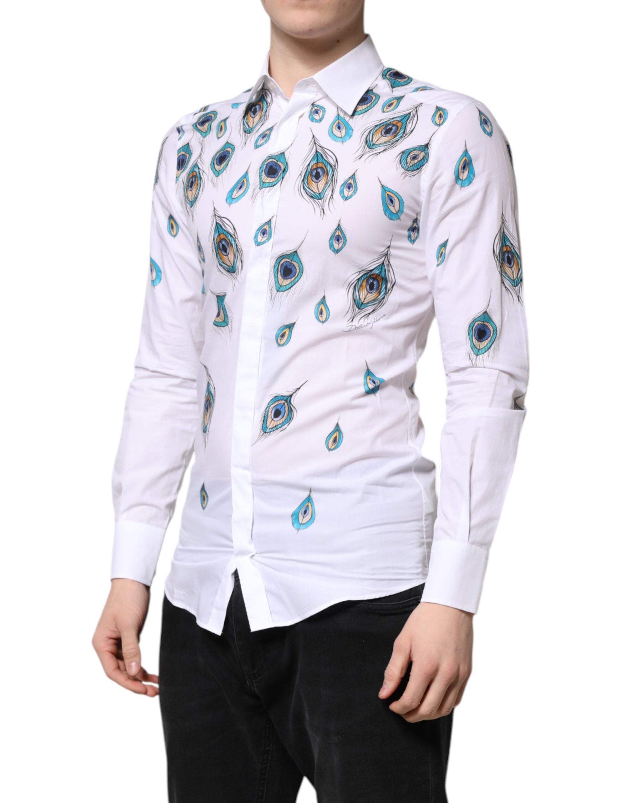 White Cotton Feather Print GOLD Dress Shirt - ventzia