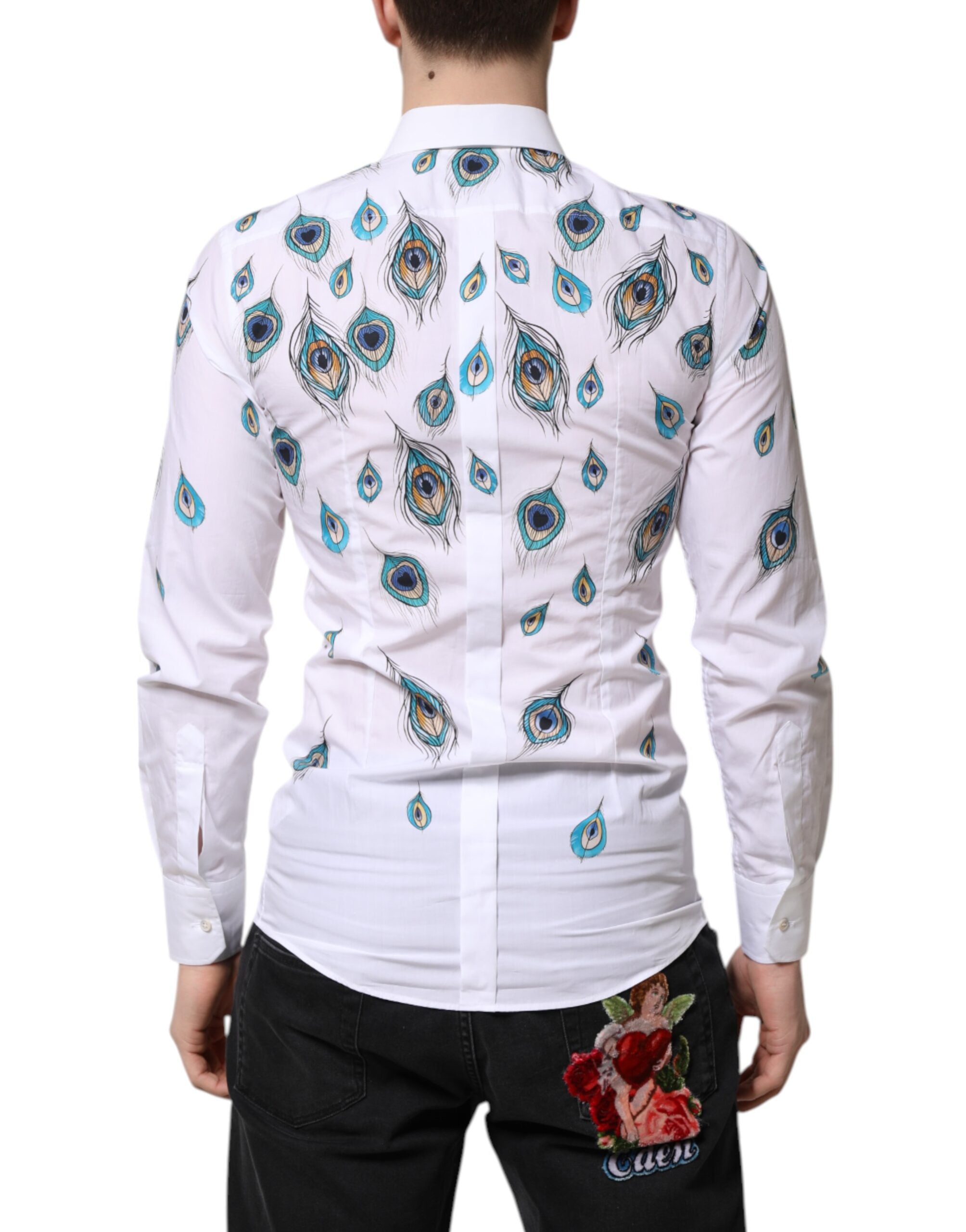 White Cotton Feather Print GOLD Dress Shirt - ventzia