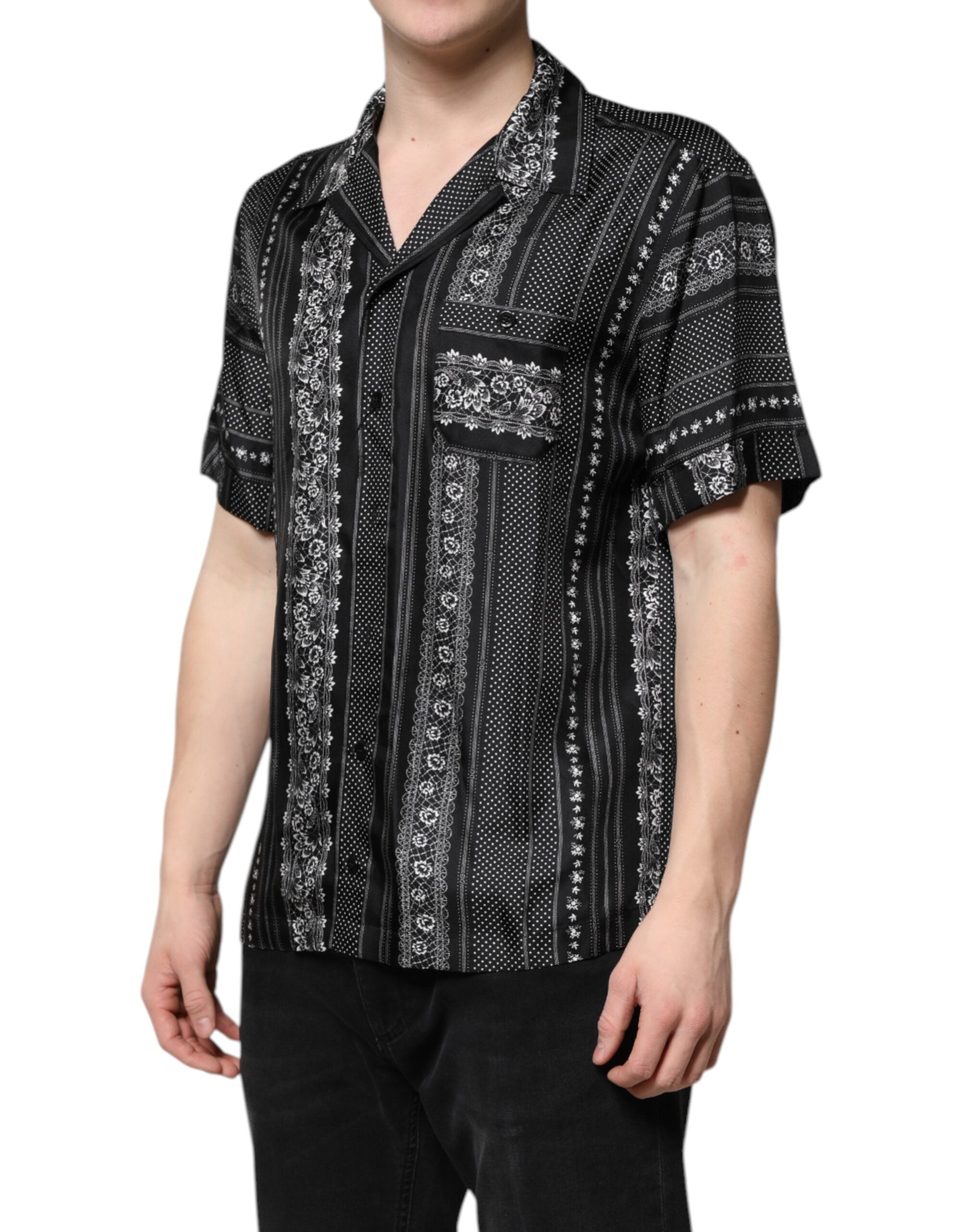 Black Silk Floral Print Short Sleeves Shirt - ventzia