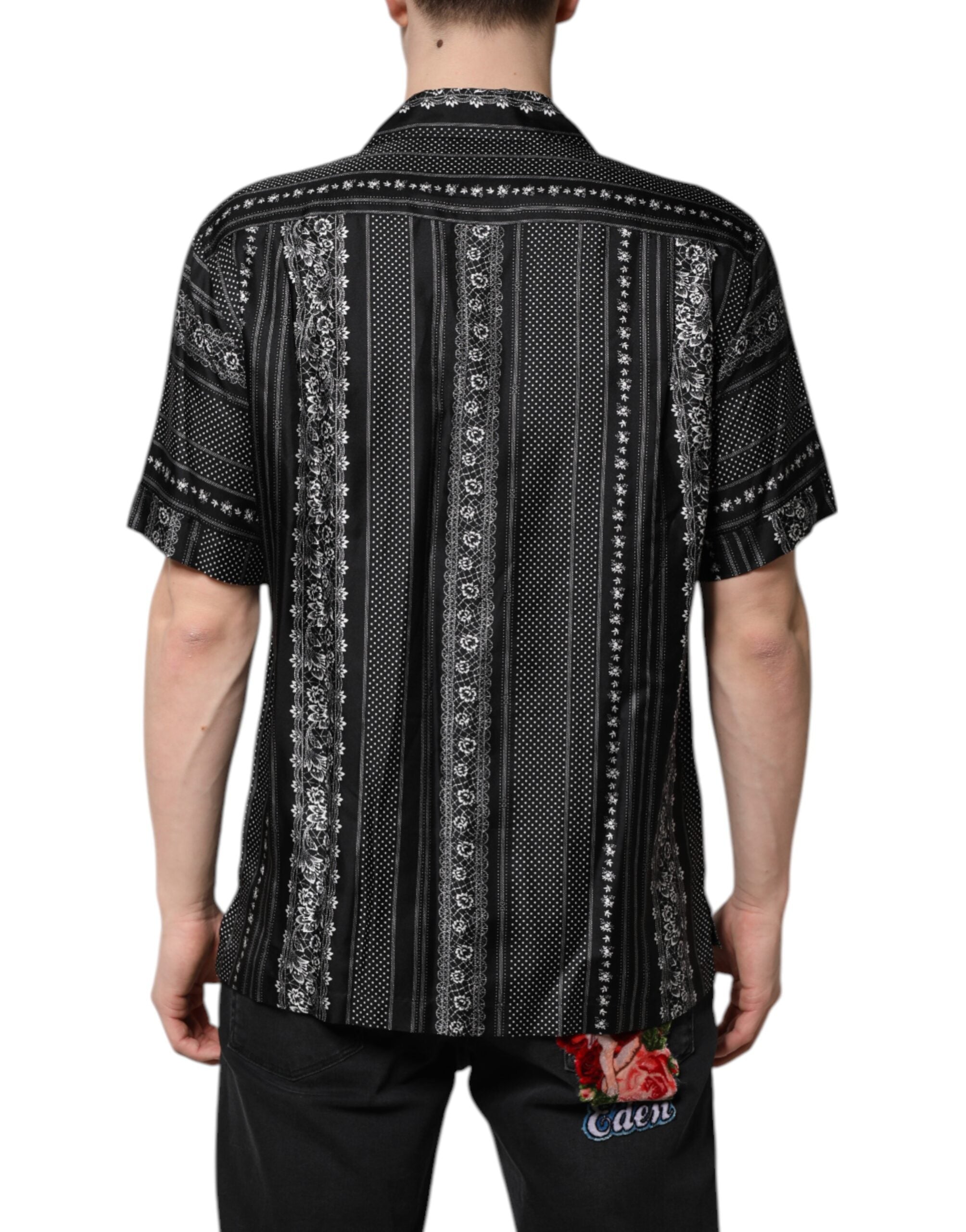 Black Silk Floral Print Short Sleeves Shirt - ventzia