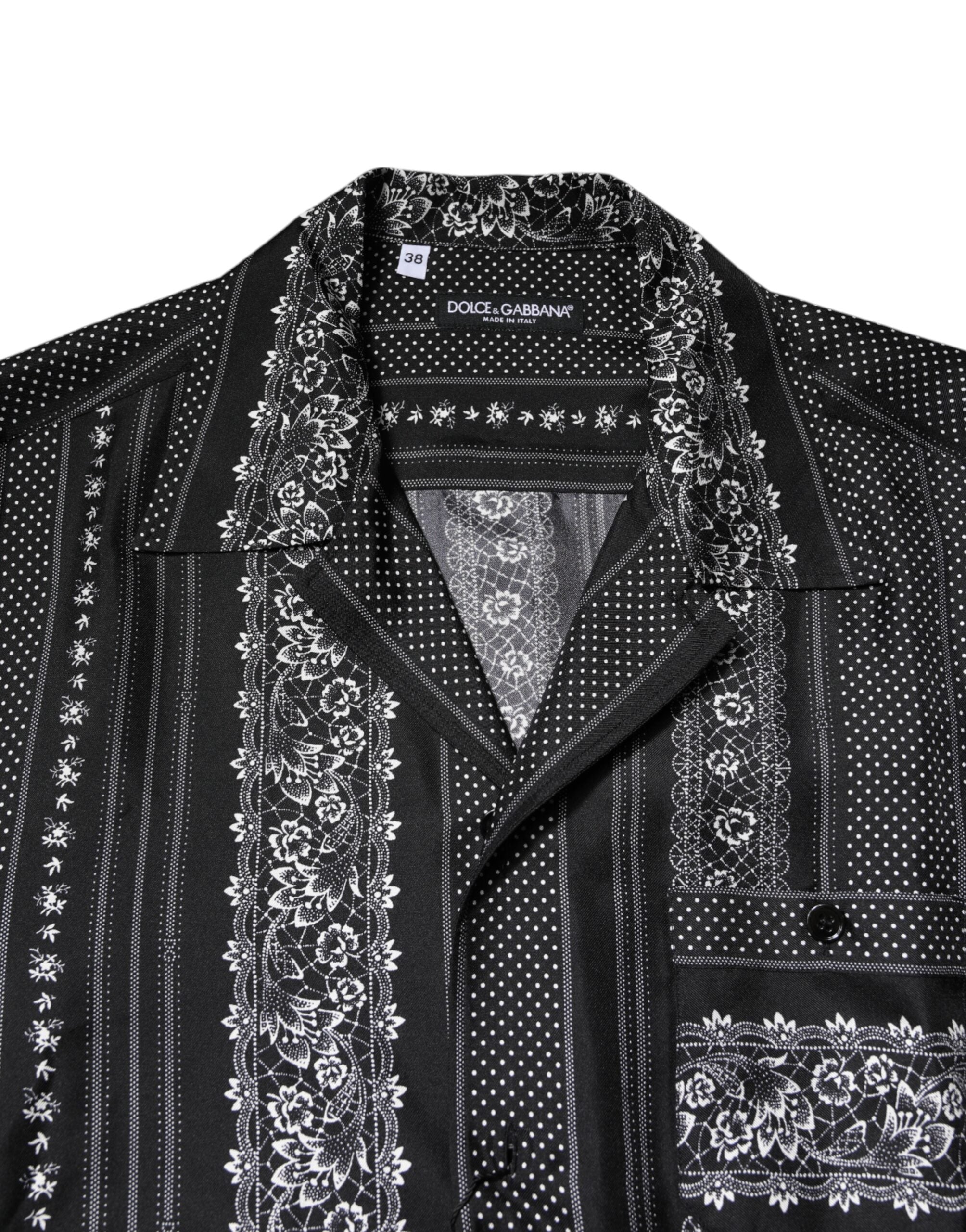 Black Silk Floral Print Short Sleeves Shirt - ventzia