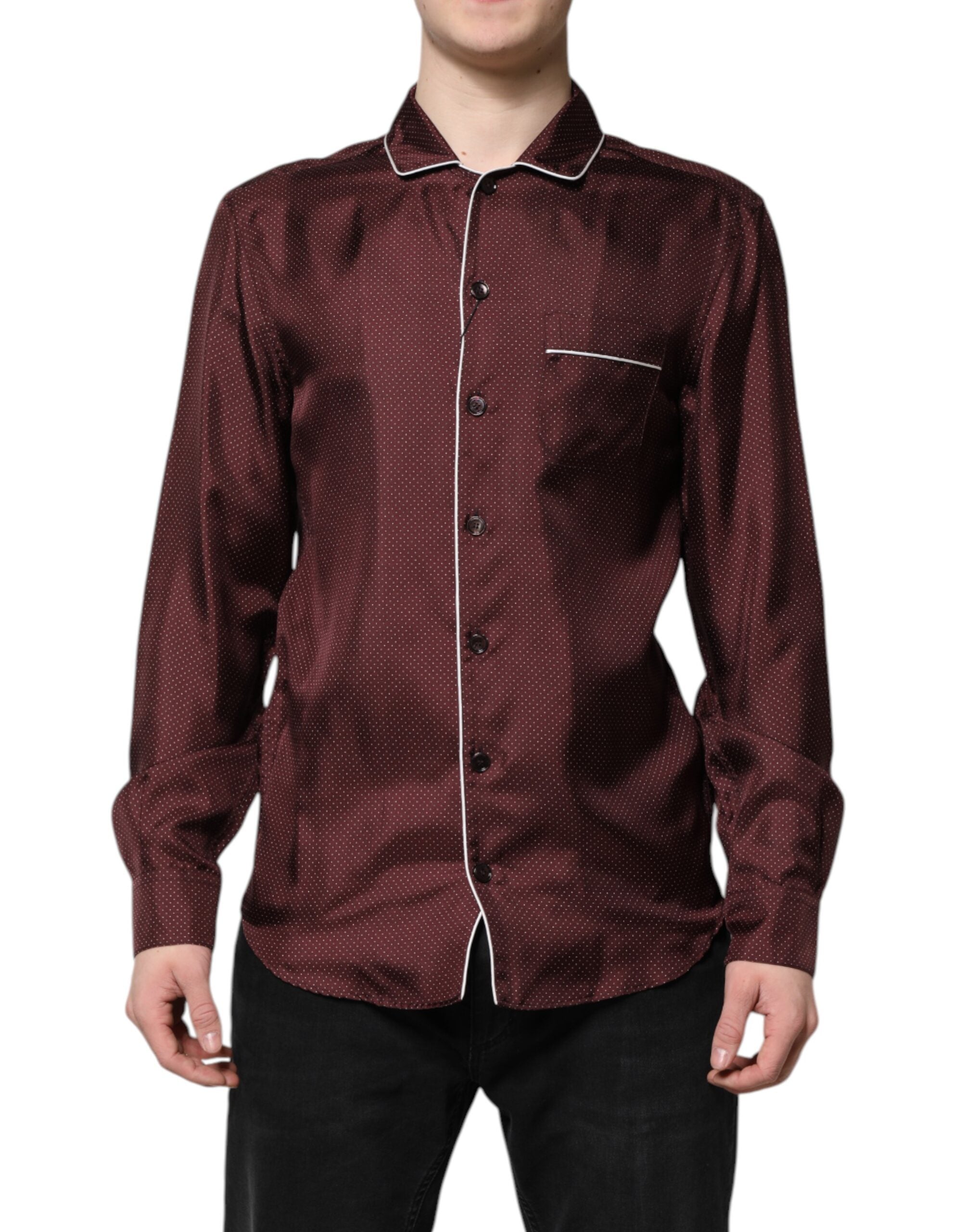Burgundy Silk Dotted Long Sleeves Shirt - ventzia