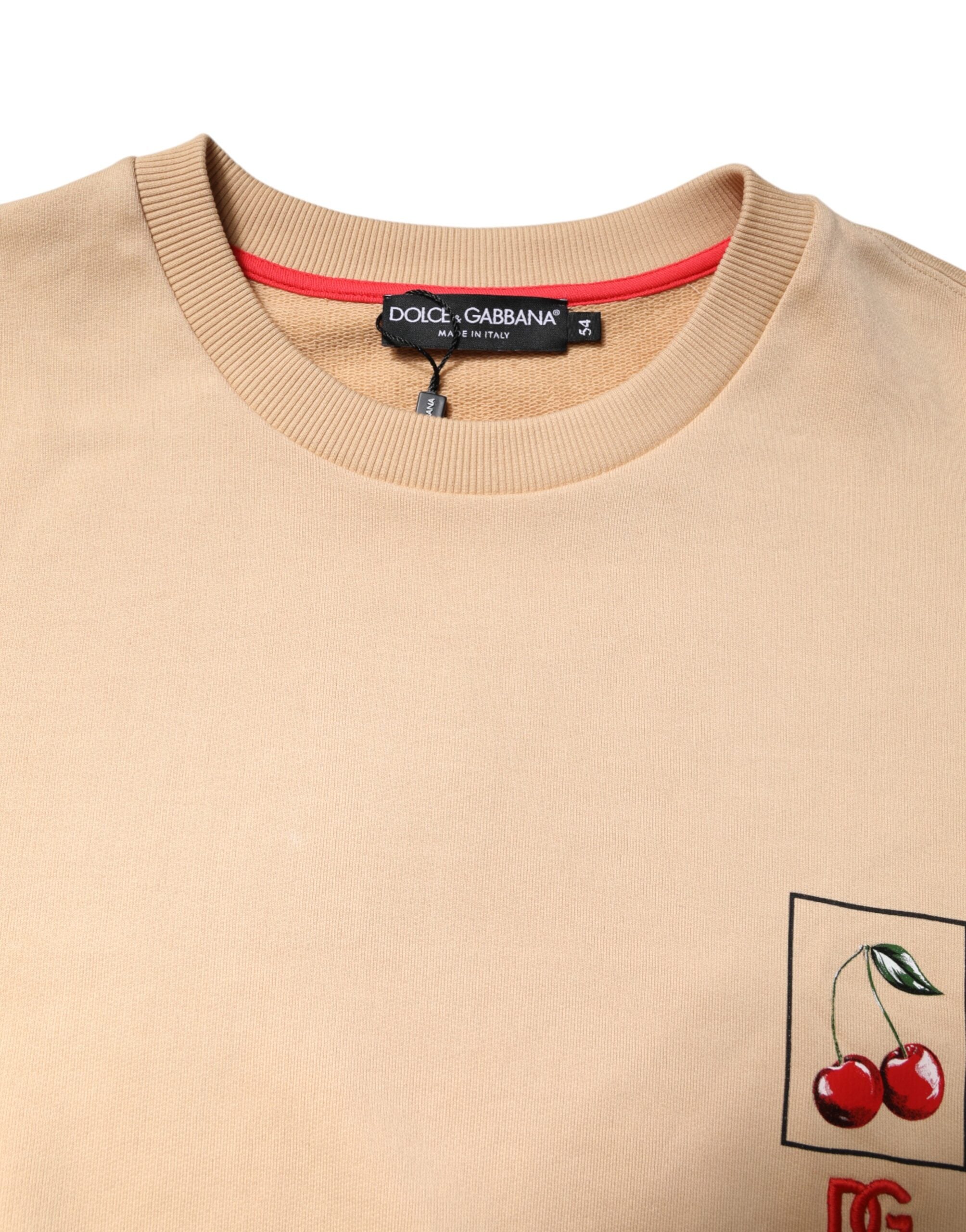 Beige Cherry Print Crew Neck Pullover Sweater - ventzia