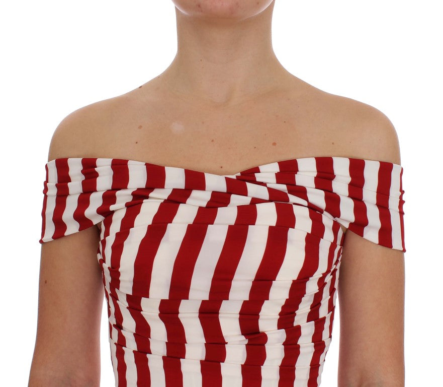 Elegant Red and White Striped Silk Bodycon Dress - ventzia