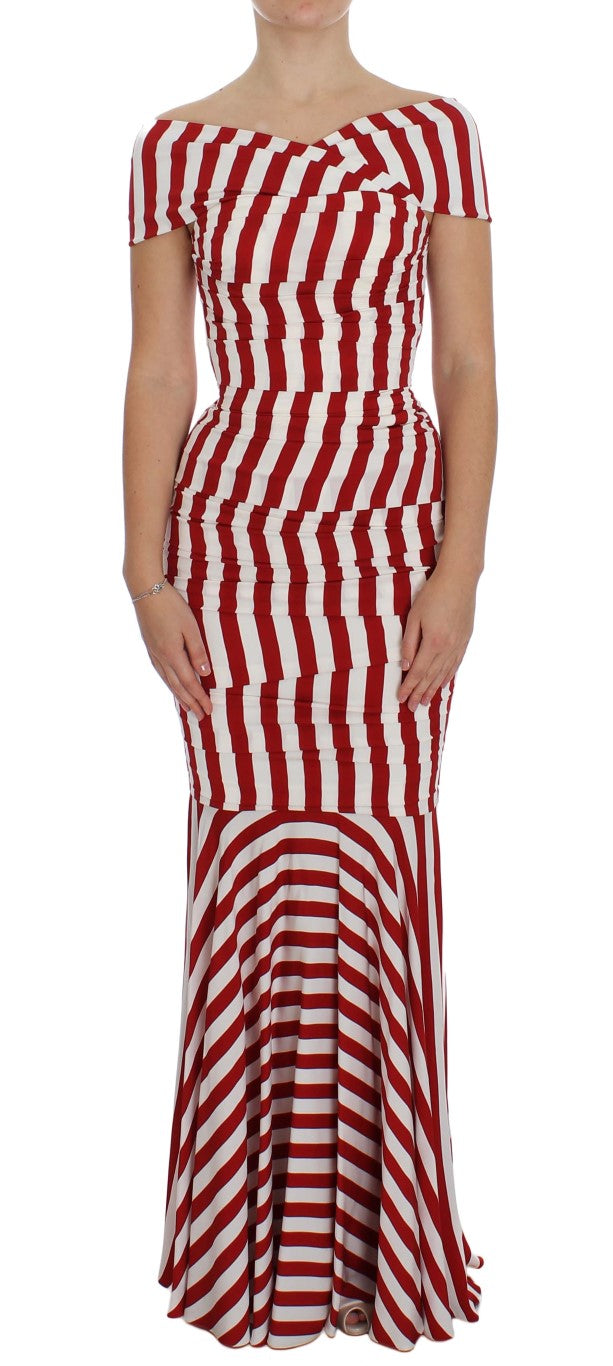 Elegant Red and White Striped Silk Bodycon Dress - ventzia
