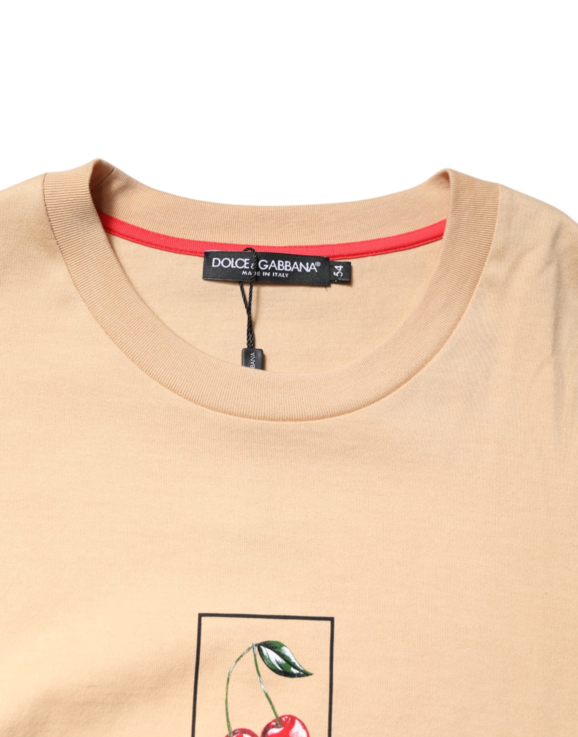 Beige Cotton Logo Print Crew Neck T-shirt - ventzia