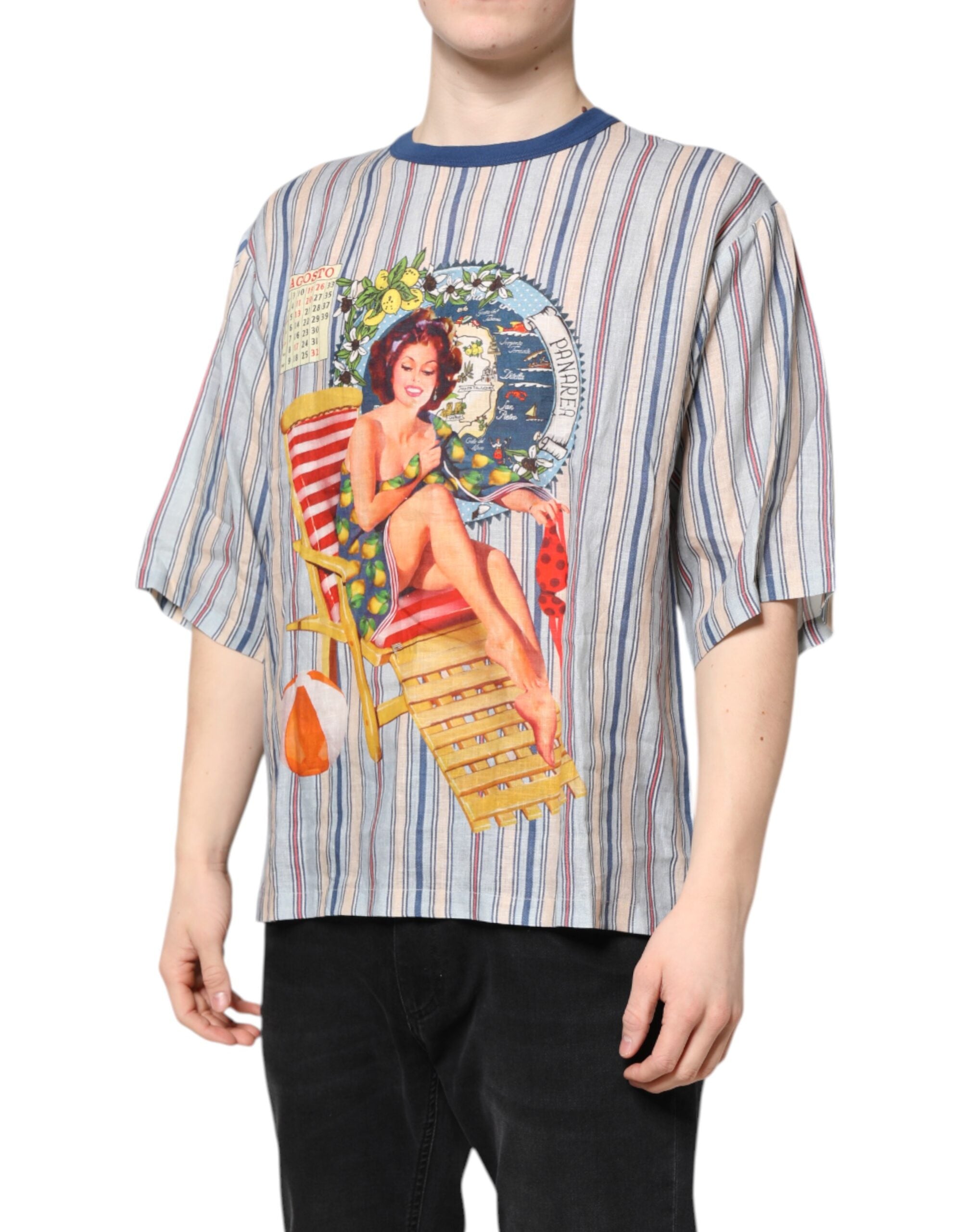 Multicolor Striped Pin Up Linen Round Neck T-shirt - ventzia
