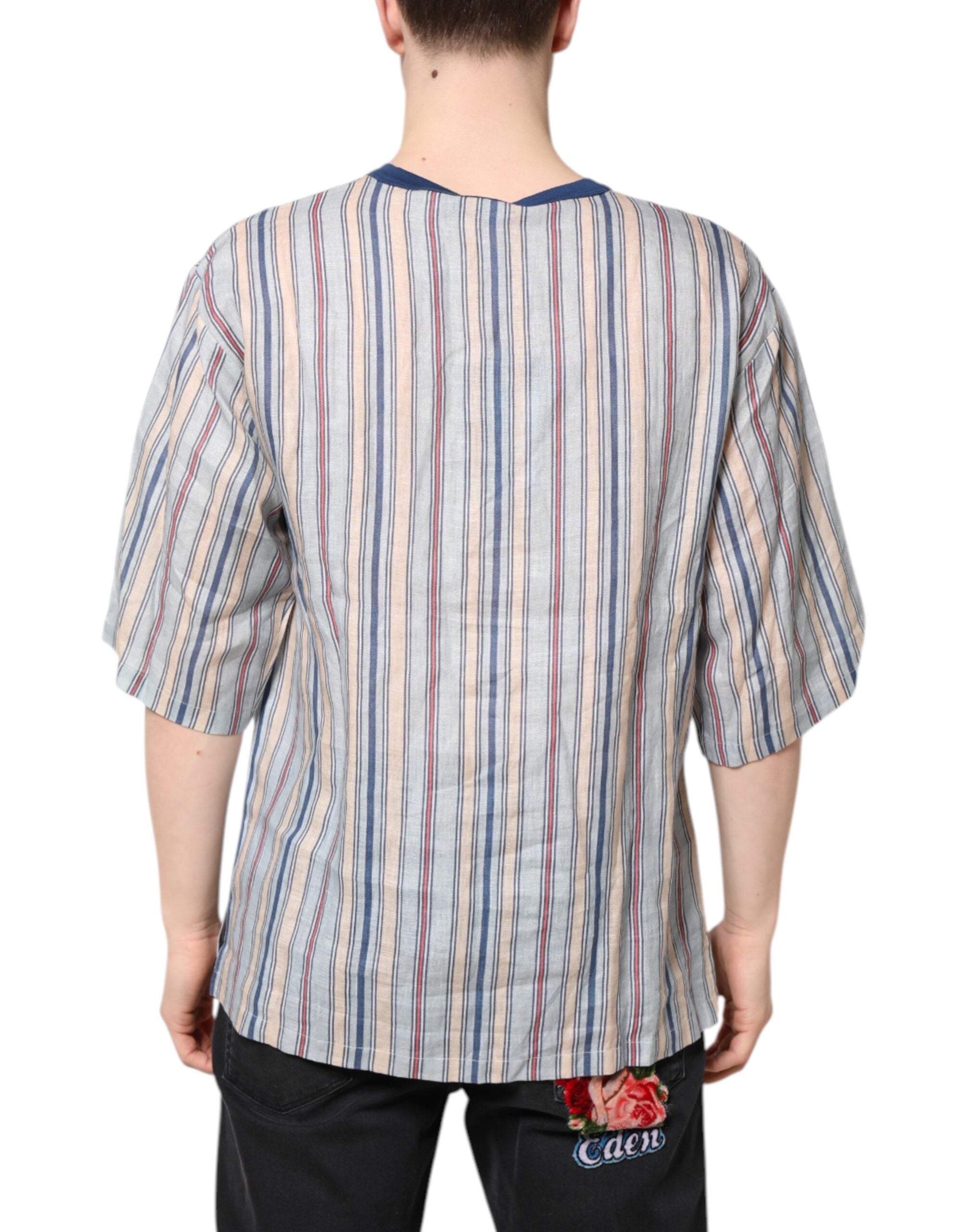 Multicolor Striped Pin Up Linen Round Neck T-shirt - ventzia