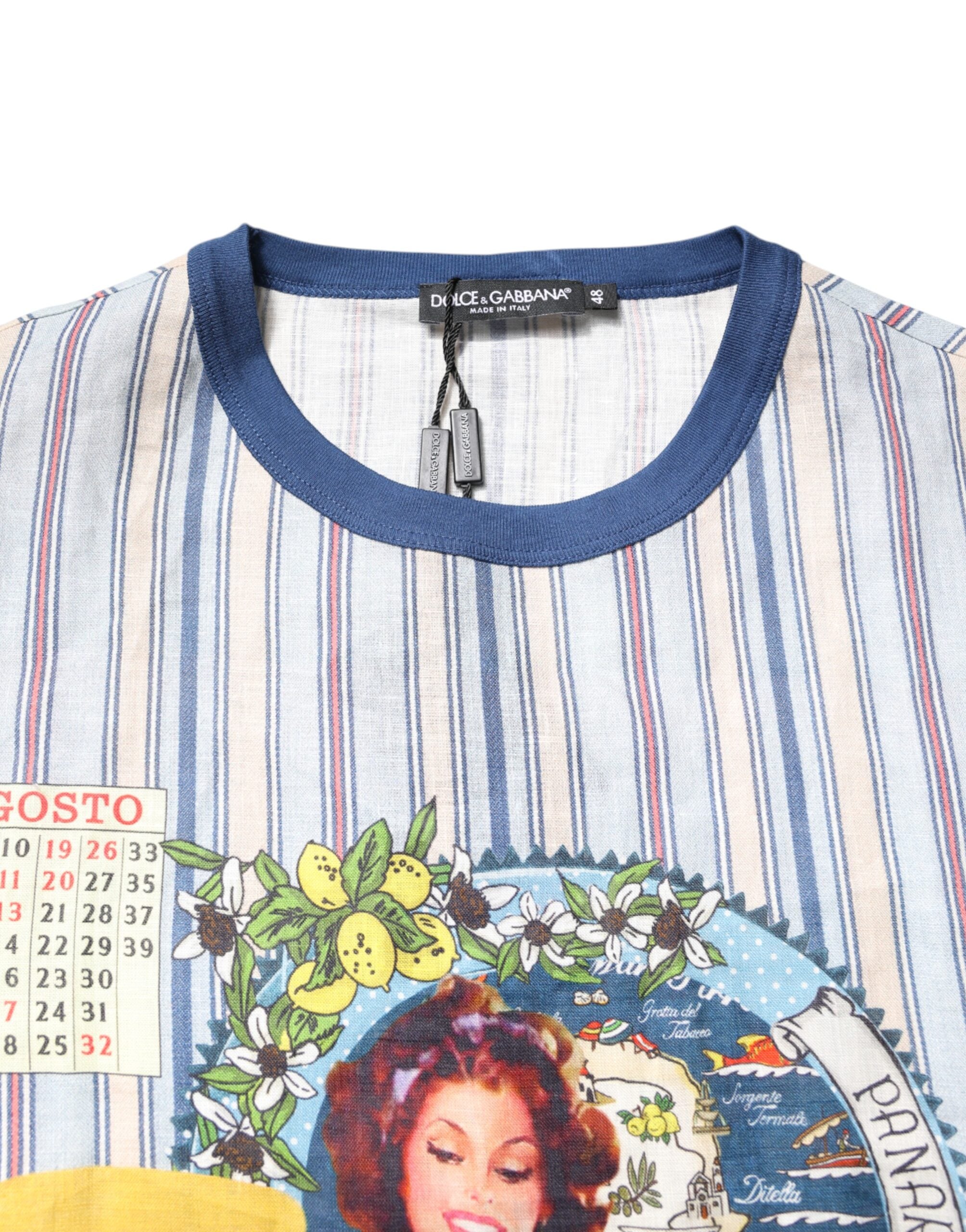 Multicolor Striped Pin Up Linen Round Neck T-shirt - ventzia