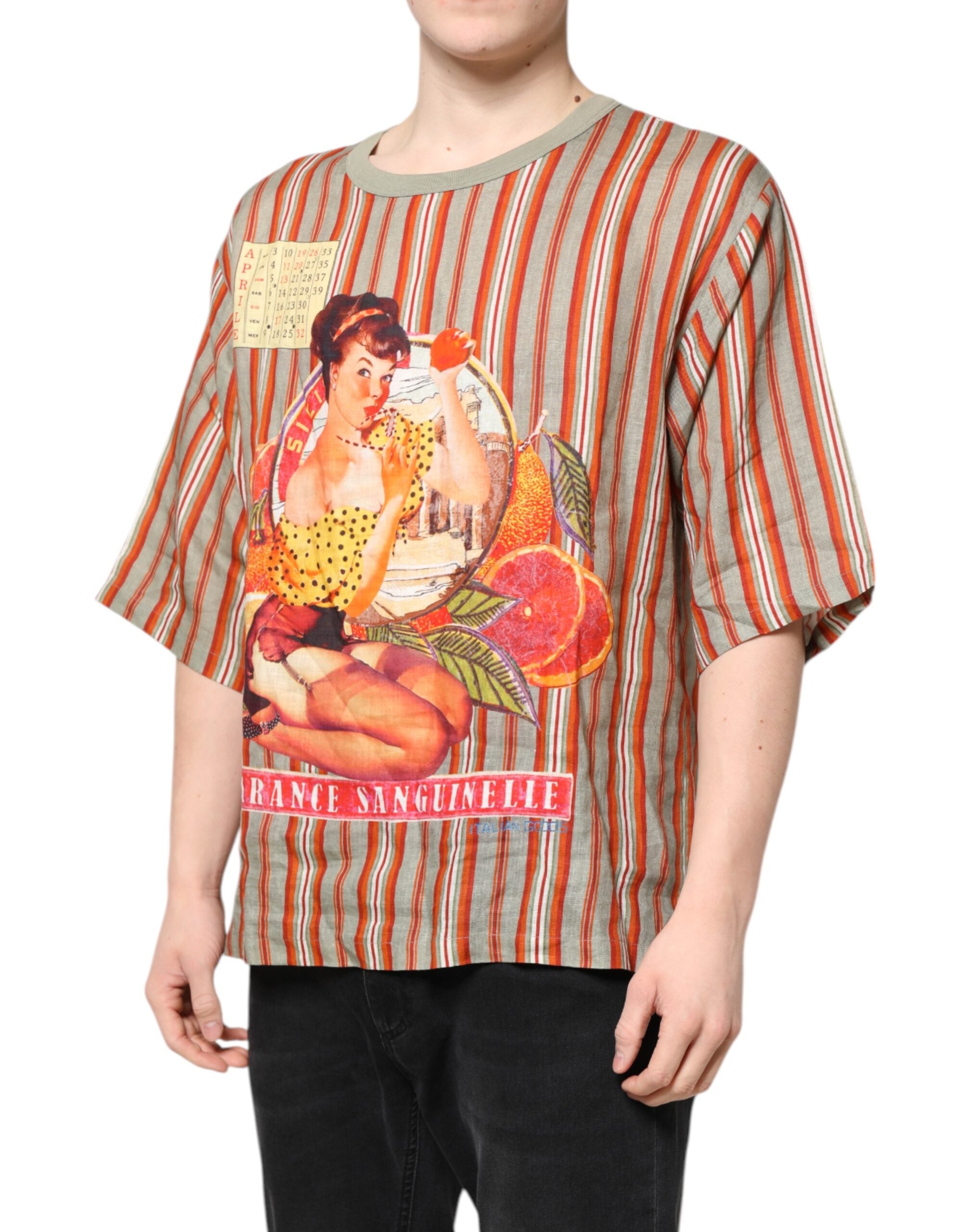 Multicolor Striped Graphic Linen Round Neck T-shirt - ventzia