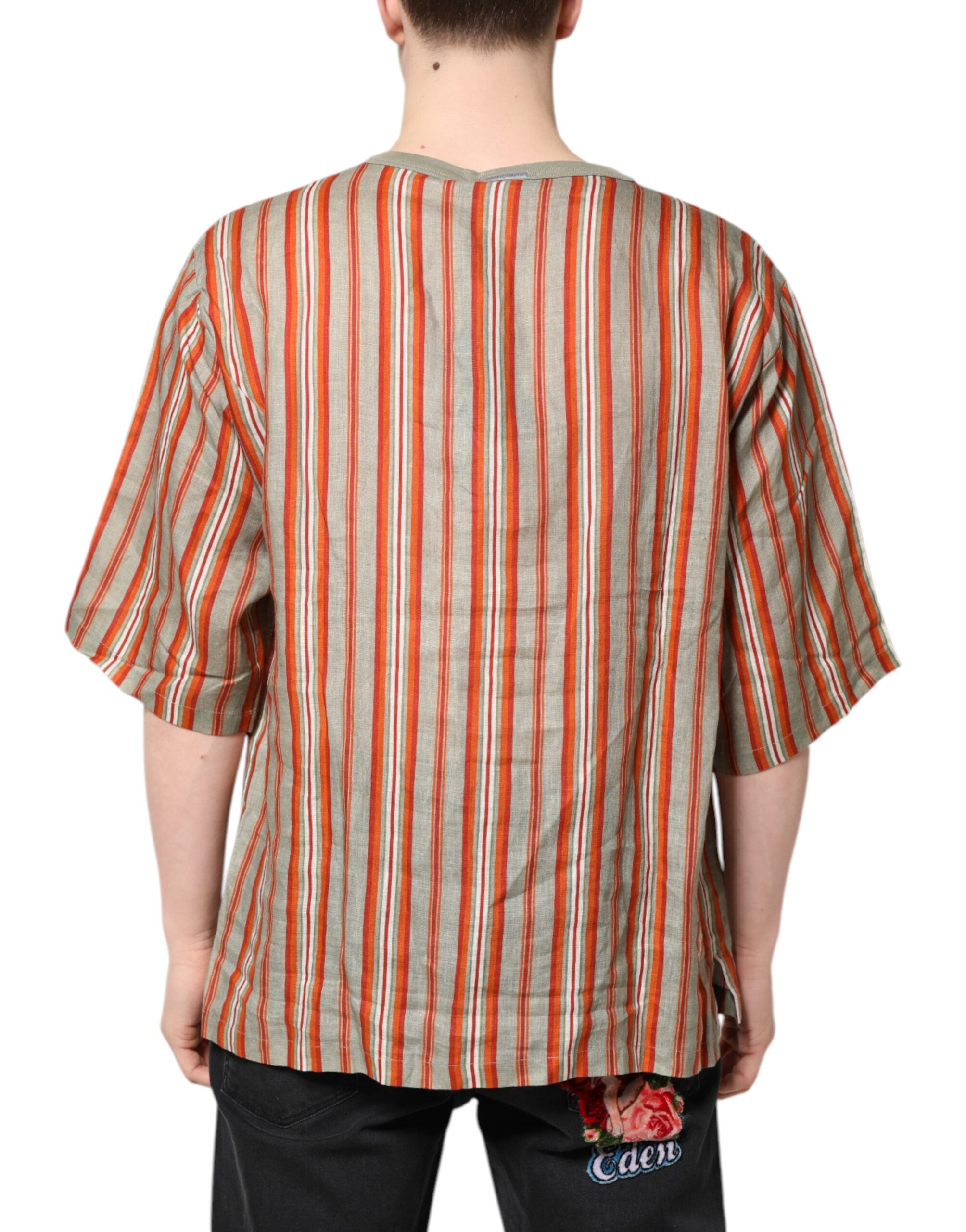 Multicolor Striped Graphic Linen Round Neck T-shirt - ventzia