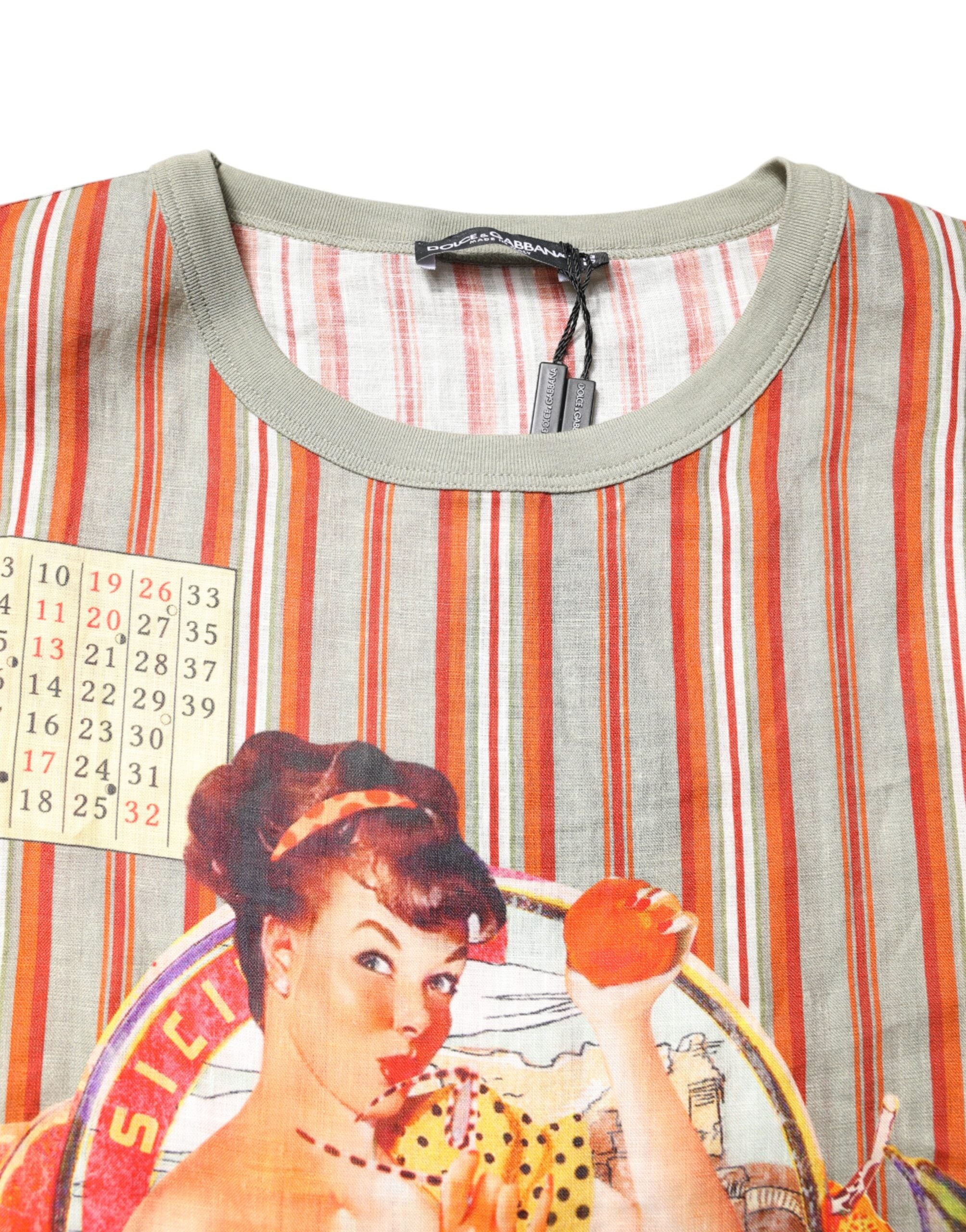 Multicolor Striped Graphic Linen Round Neck T-shirt - ventzia