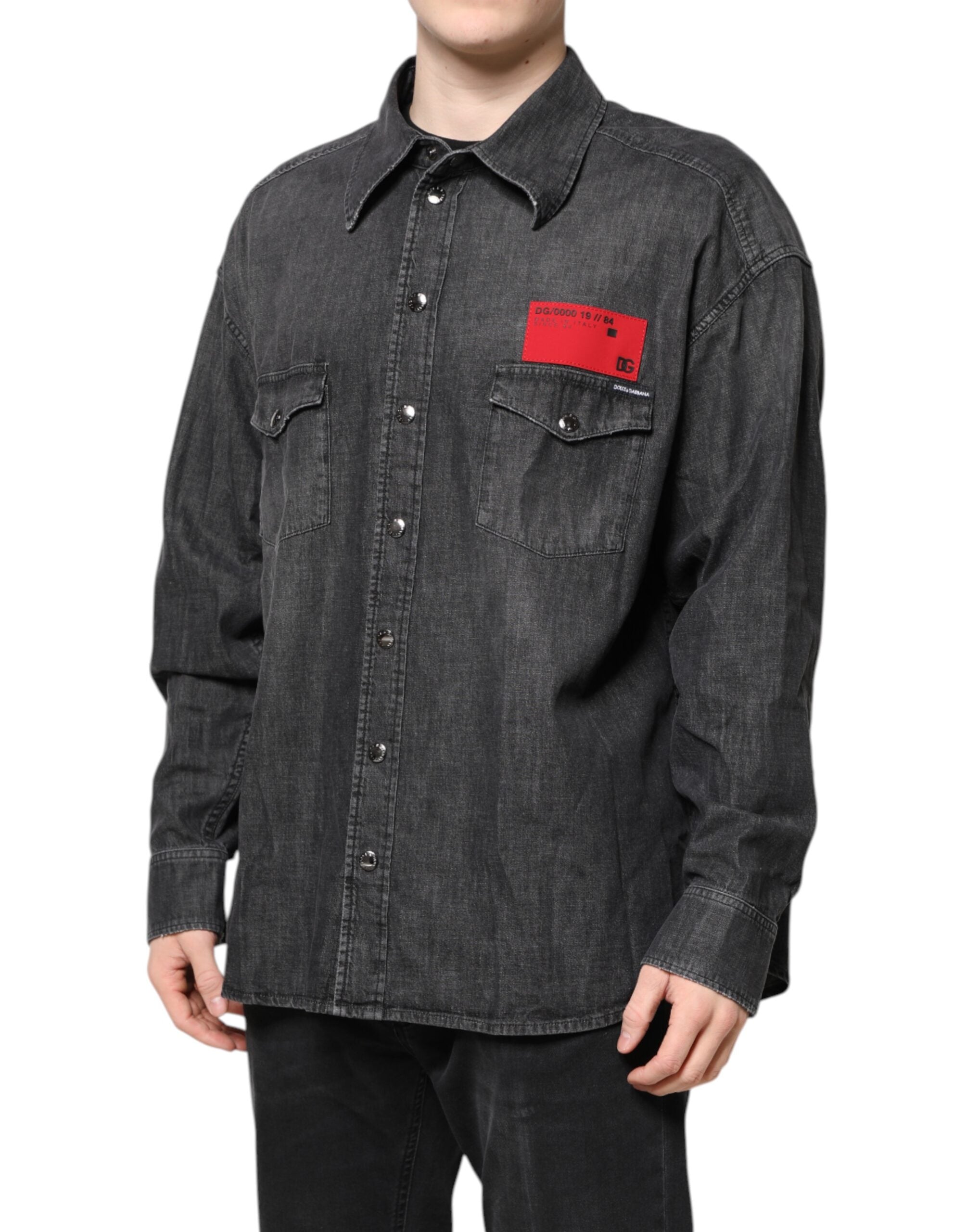 Gray Long Sleeves Button Down Denim Shirt - ventzia