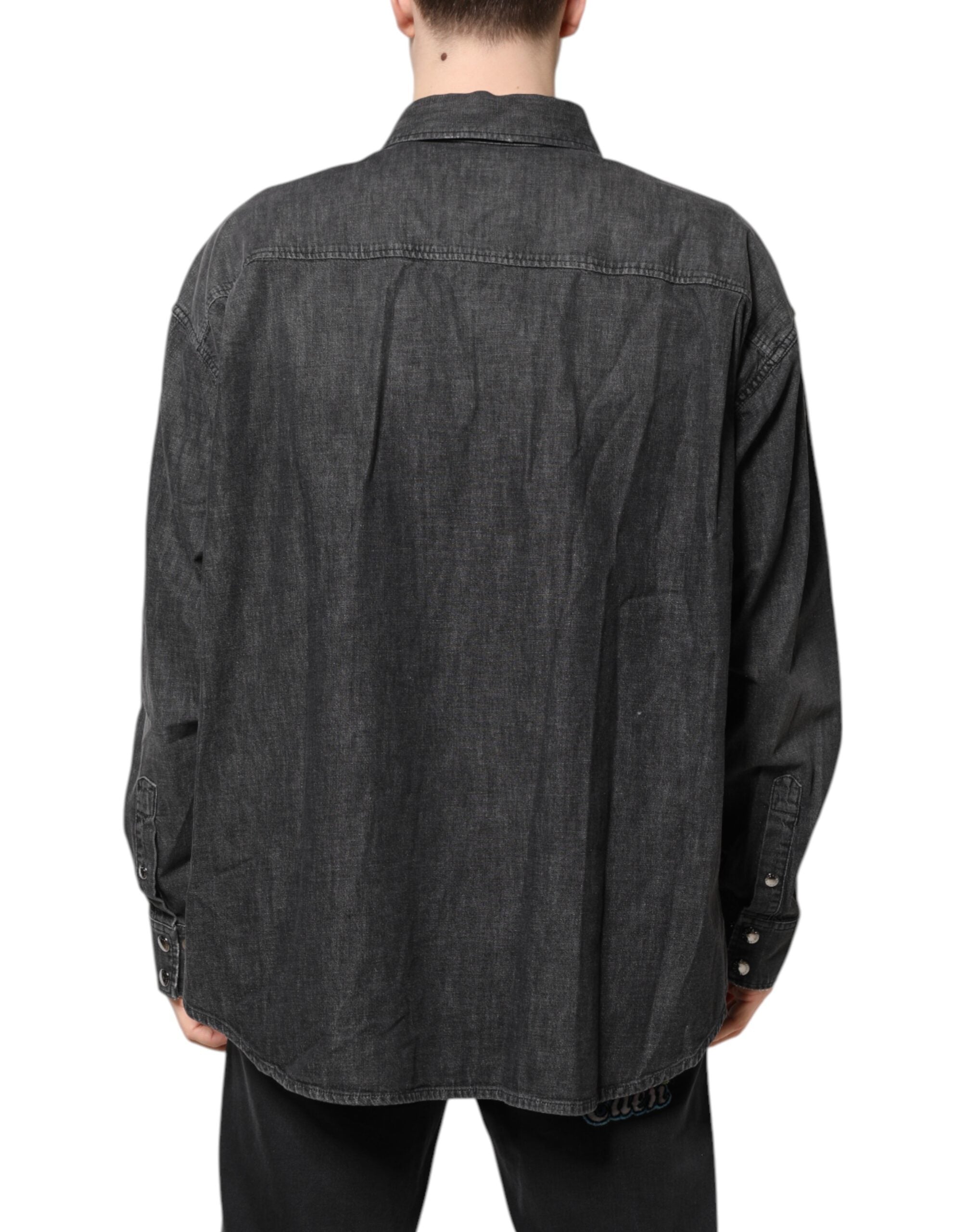 Gray Long Sleeves Button Down Denim Shirt - ventzia