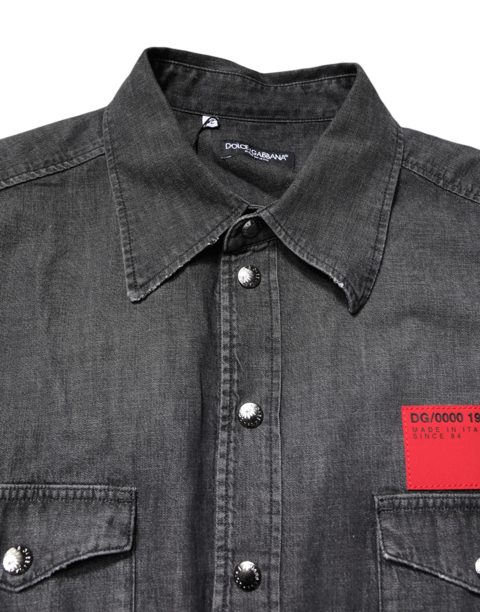 Gray Long Sleeves Button Down Denim Shirt - ventzia