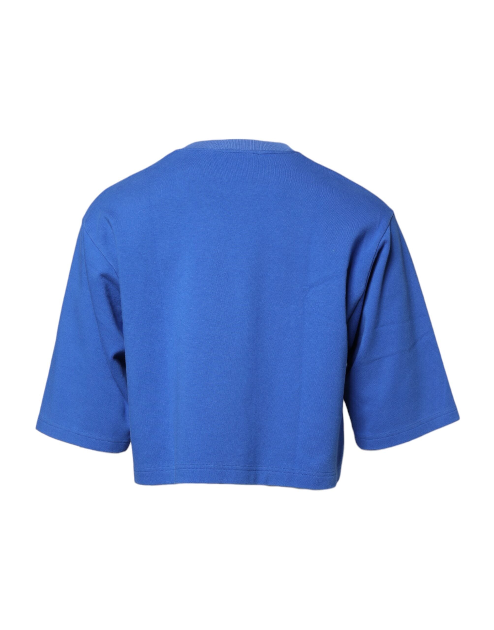 Blue Printed Cotton Cropped Crew Neck T-shirt - ventzia