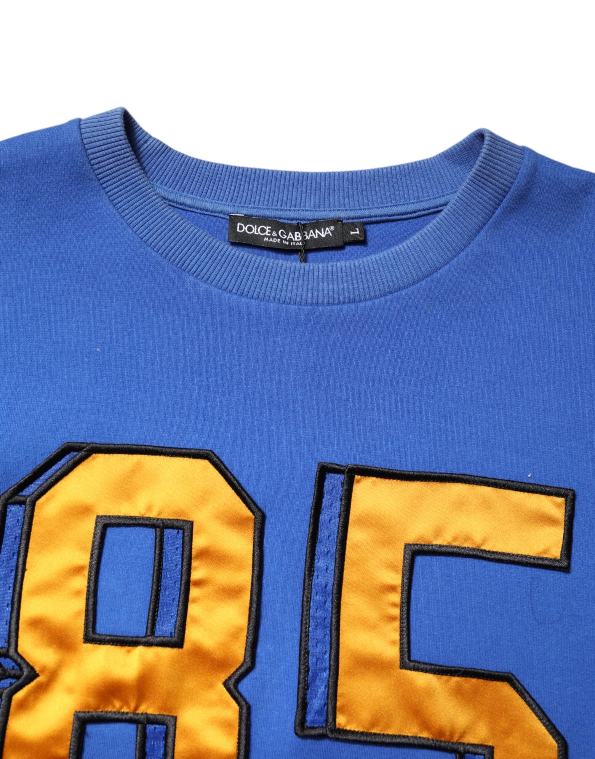 Blue Printed Cotton Cropped Crew Neck T-shirt - ventzia