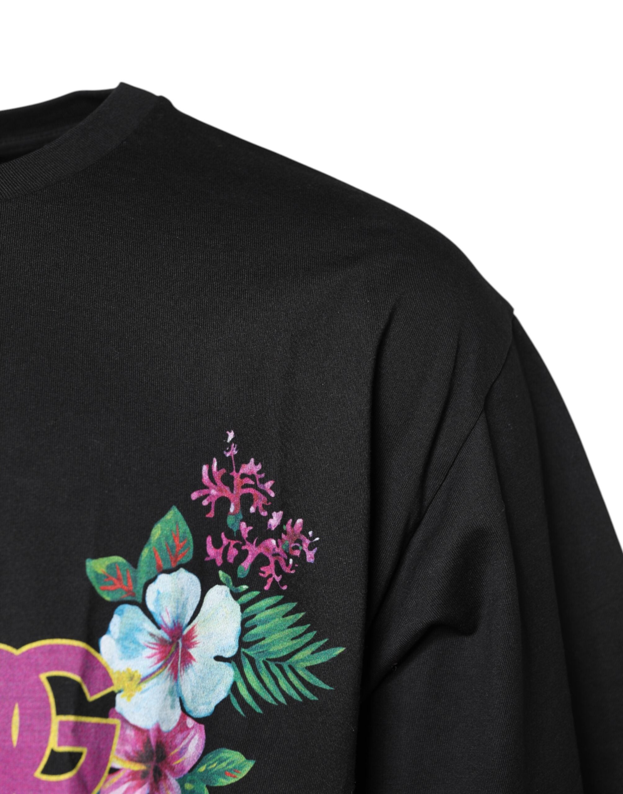 Black DG Floral Print Crew Neck T-shirt - ventzia