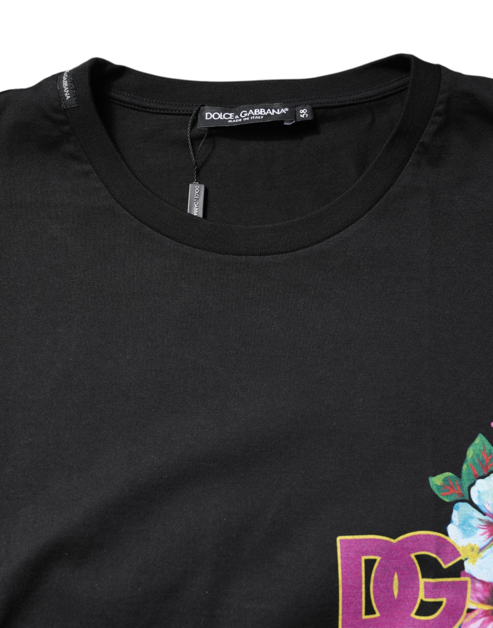 Black DG Floral Print Crew Neck T-shirt - ventzia