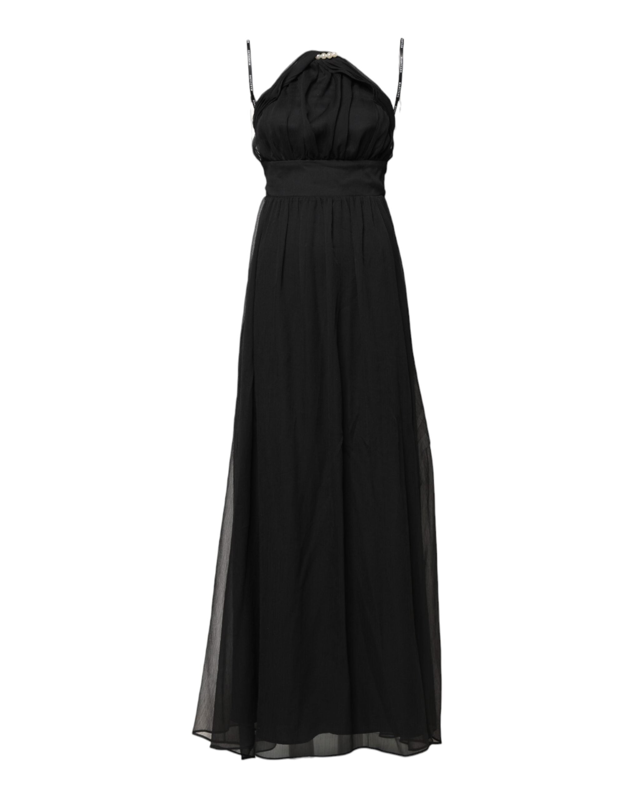Black Tulle Pearl Sleeveless Long Gown Dress - ventzia