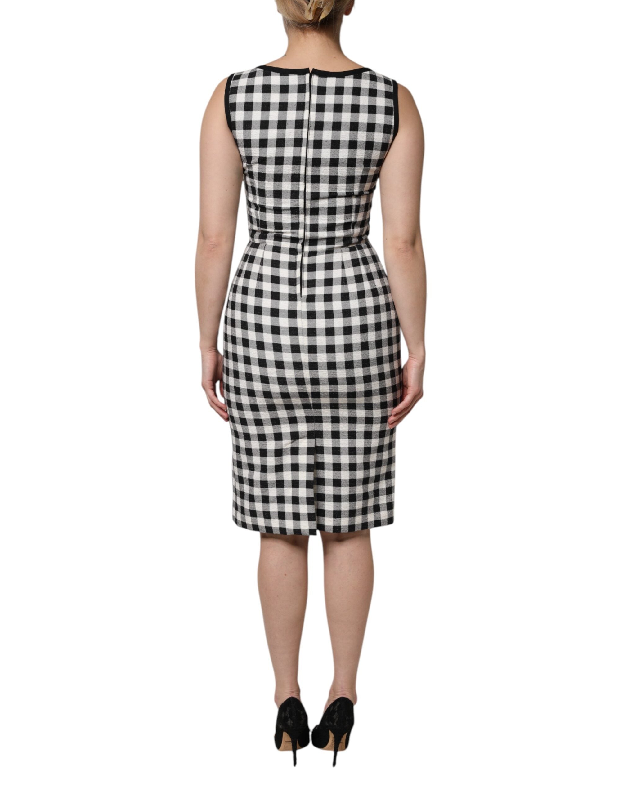White Black Checkered Sleeveless Sheath Dress - ventzia