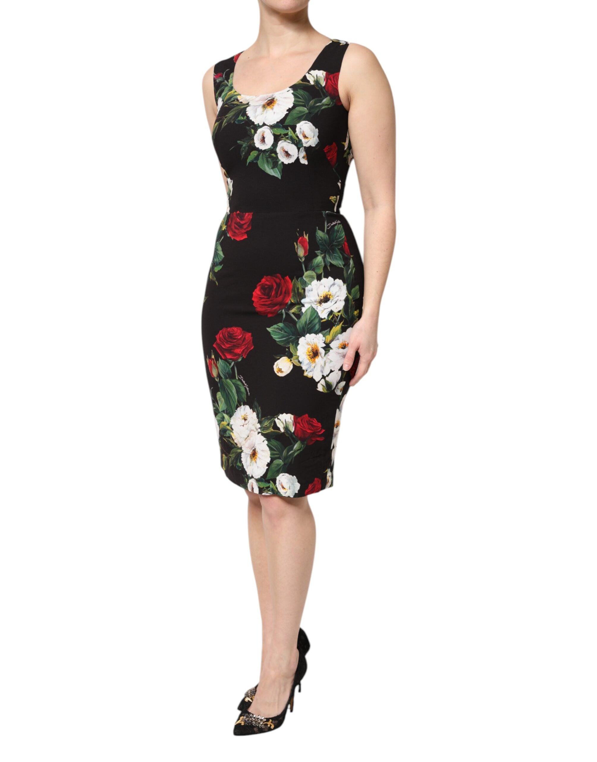 Black Floral Print Sleeveless Sheath Dress - ventzia