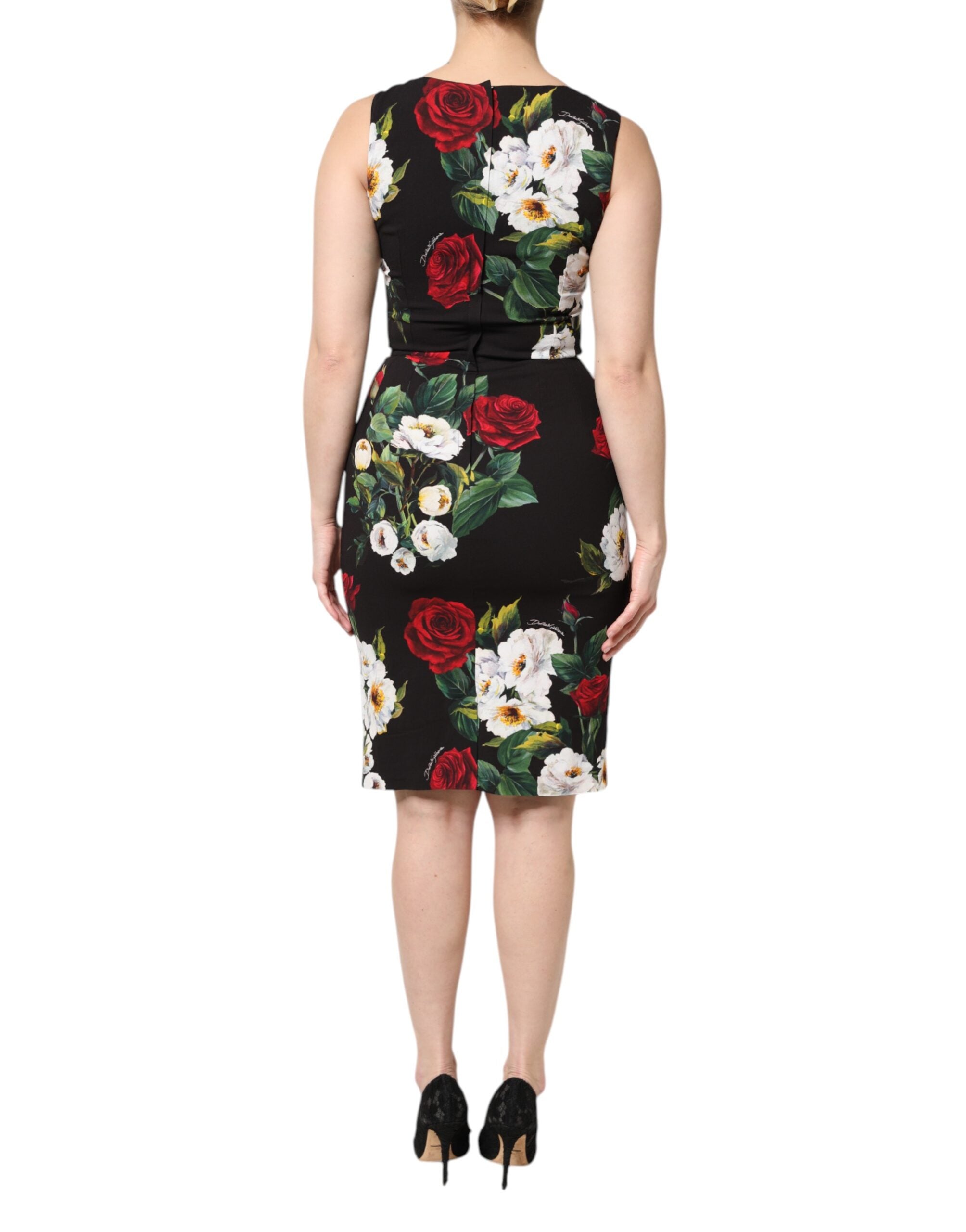 Black Floral Print Sleeveless Sheath Dress - ventzia