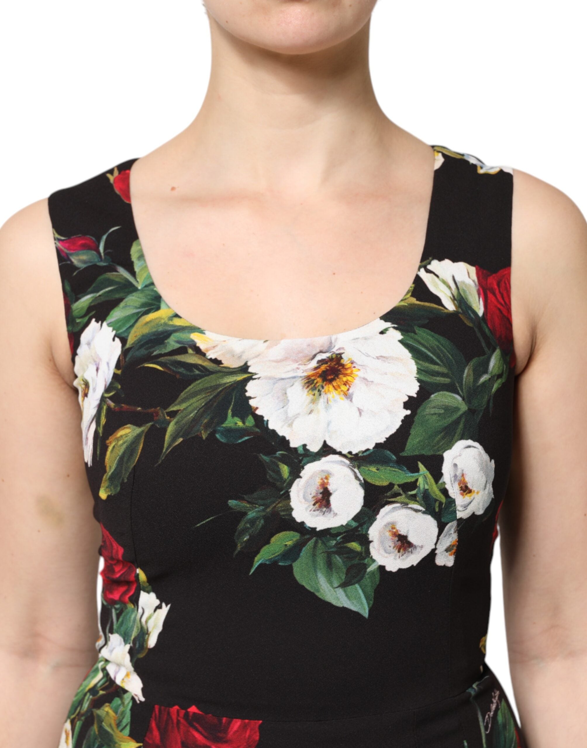 Black Floral Print Sleeveless Sheath Dress - ventzia