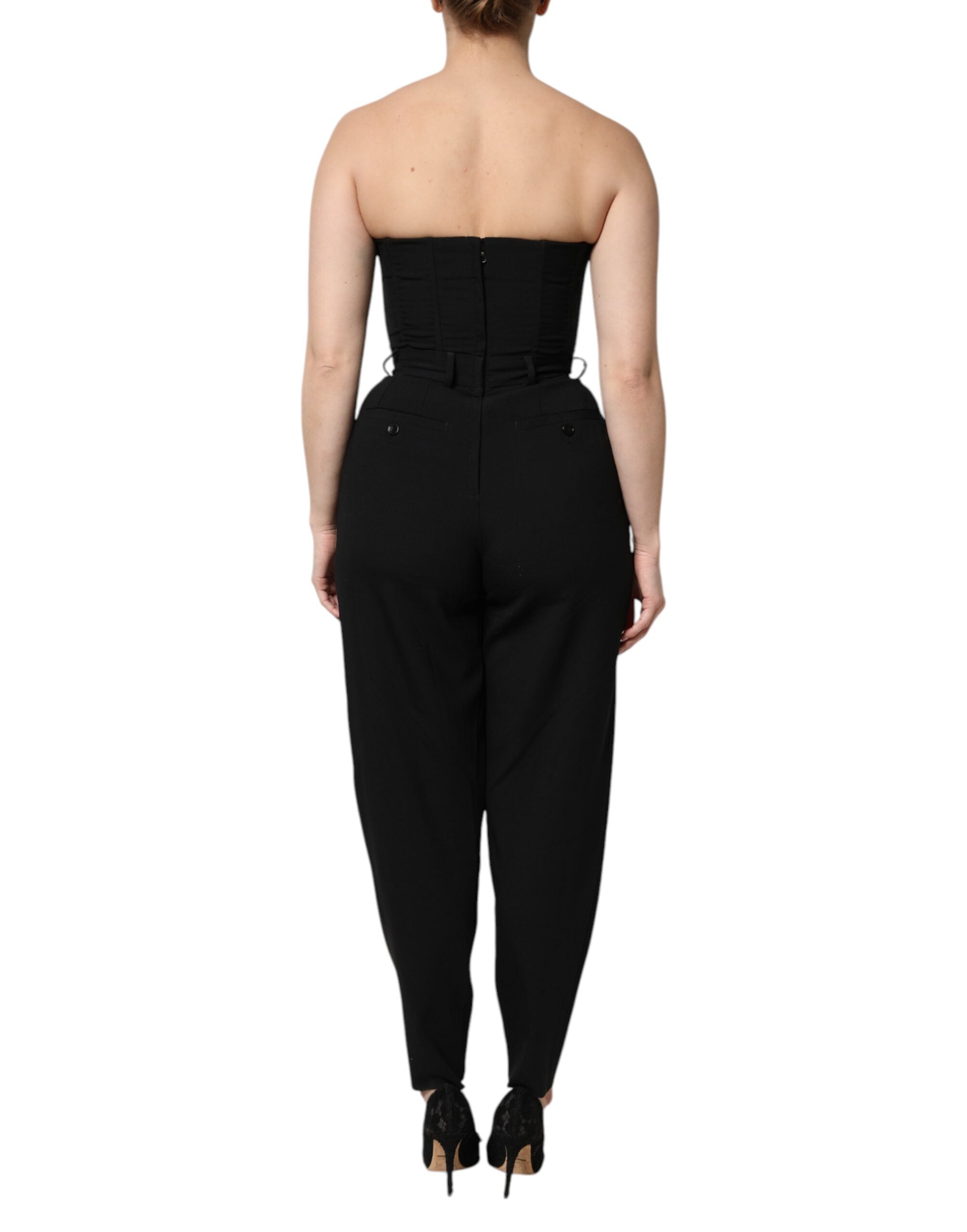 Black Wool Strapless Romper Jumpsuit Dress - ventzia