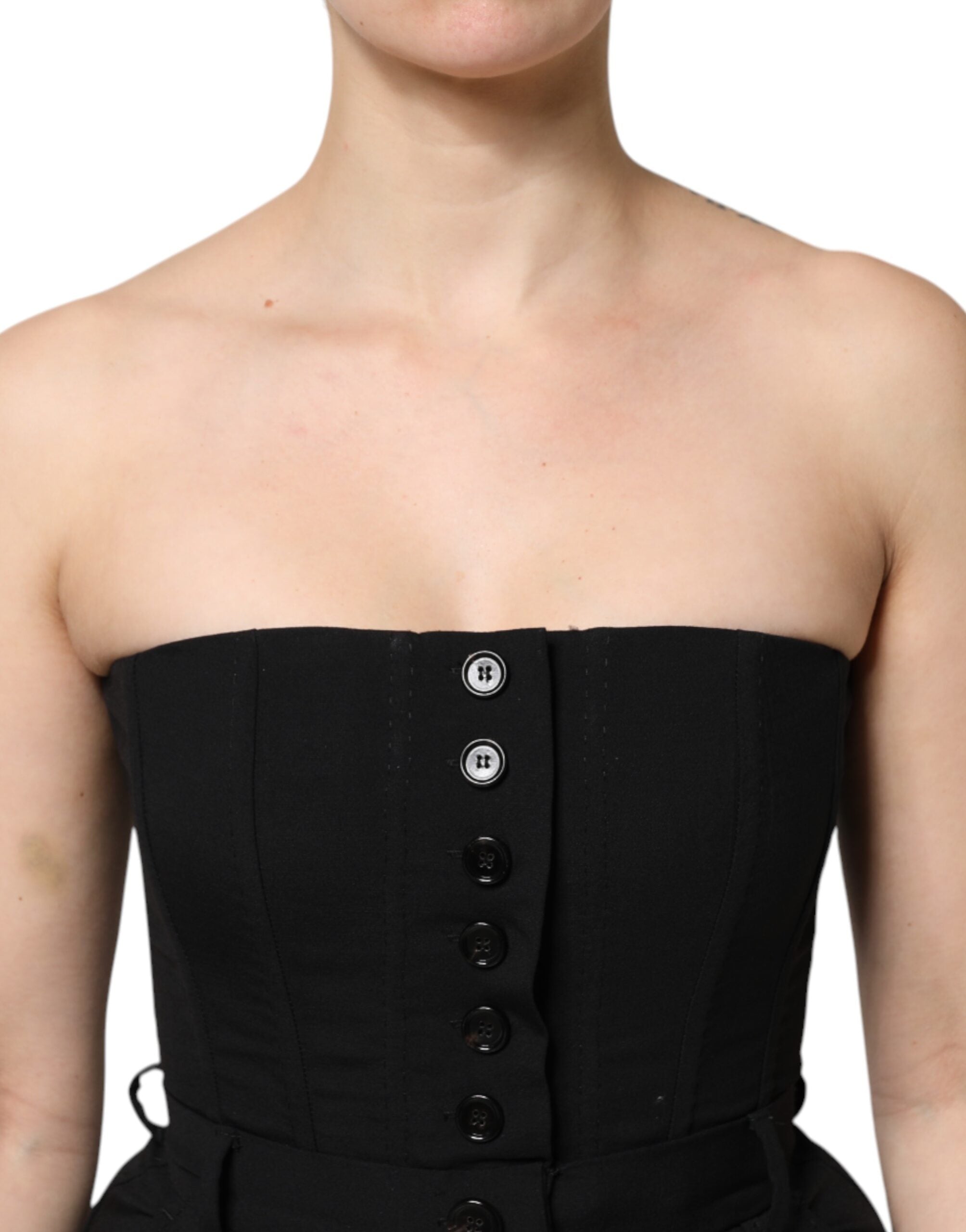 Black Wool Strapless Romper Jumpsuit Dress - ventzia