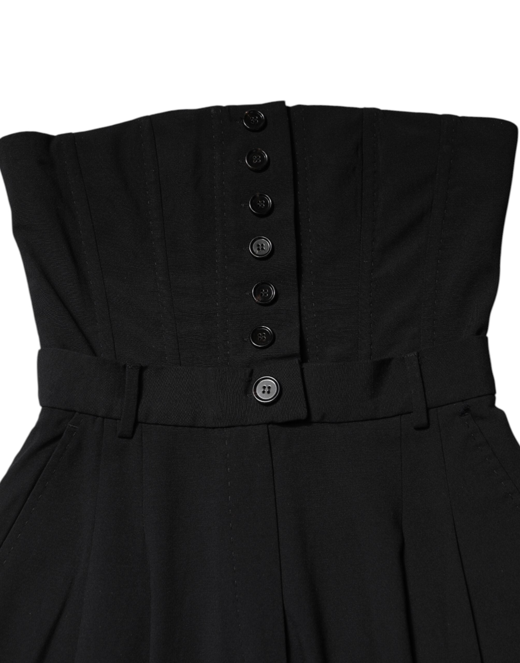 Black Wool Strapless Romper Jumpsuit Dress - ventzia
