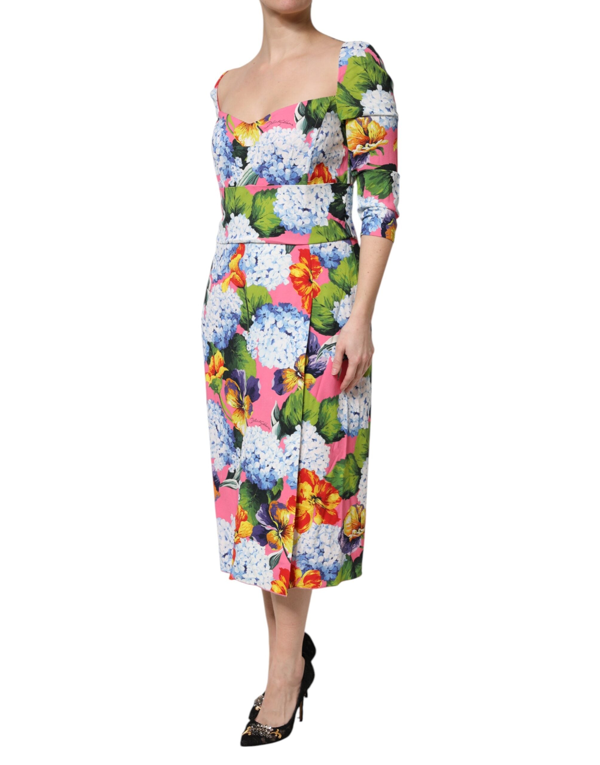 Multicolor Floral Pleated Sheath Midi Dress - ventzia