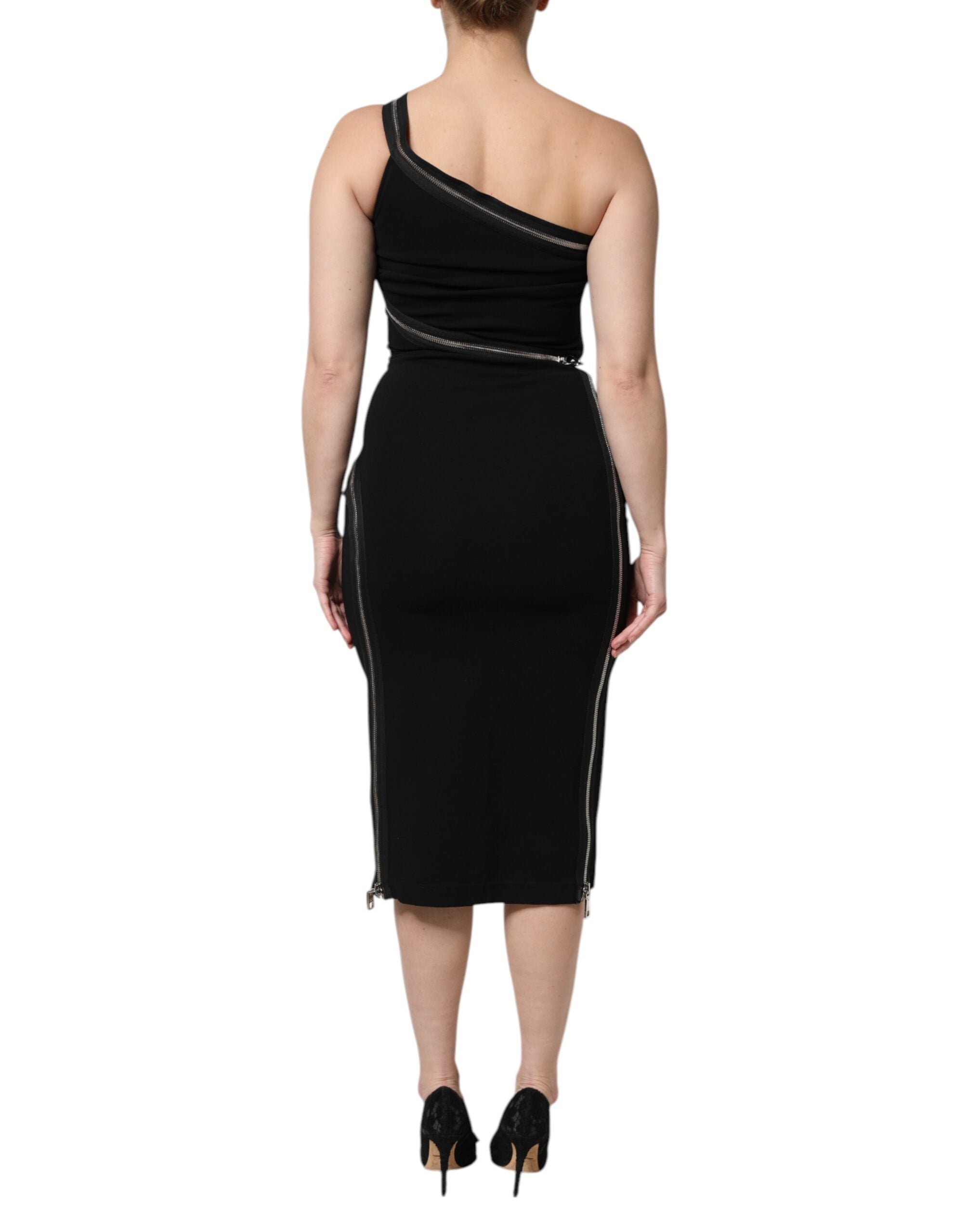 Black Viscose One Shoulder Zipper Sheath Dress - ventzia
