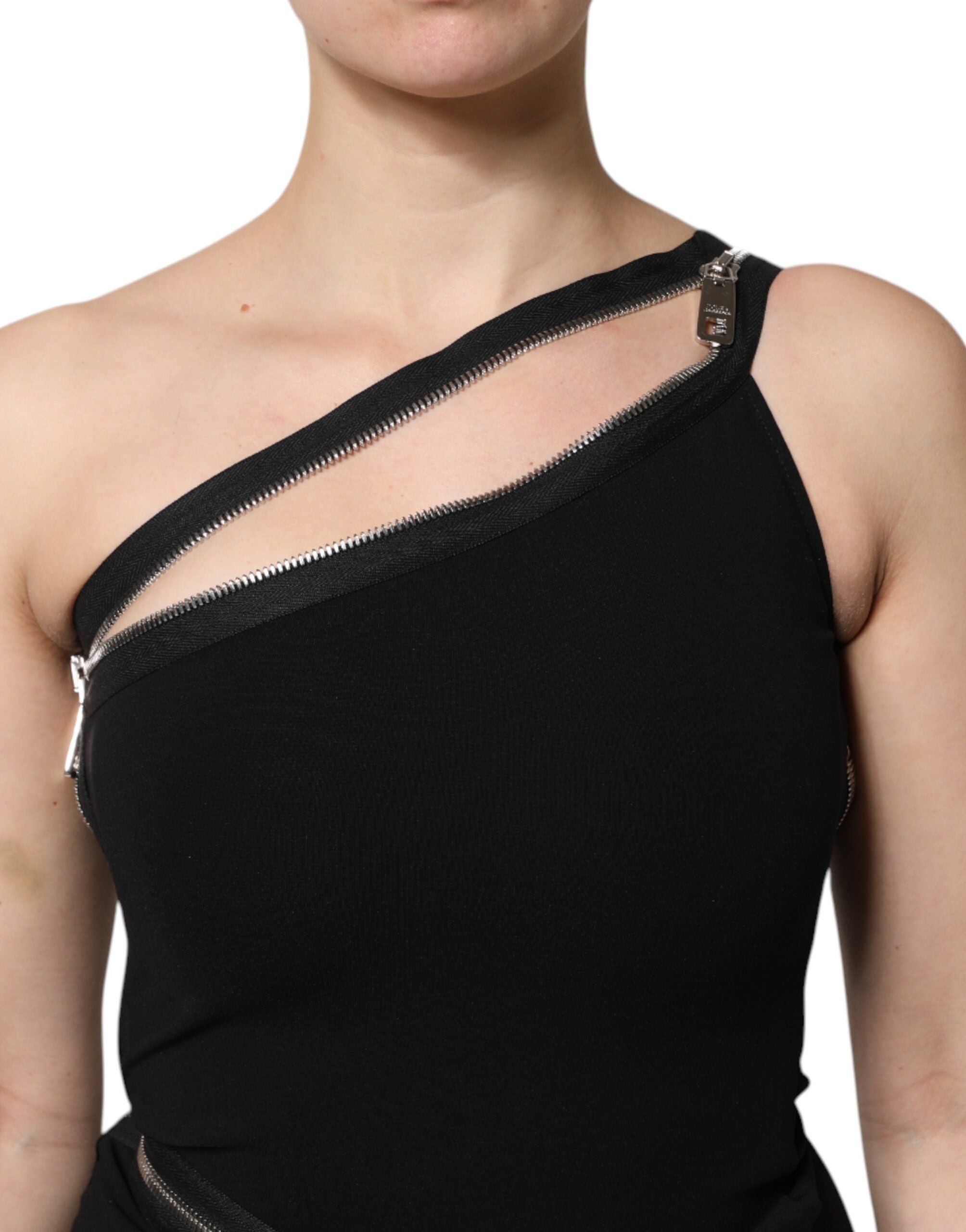 Black Viscose One Shoulder Zipper Sheath Dress - ventzia