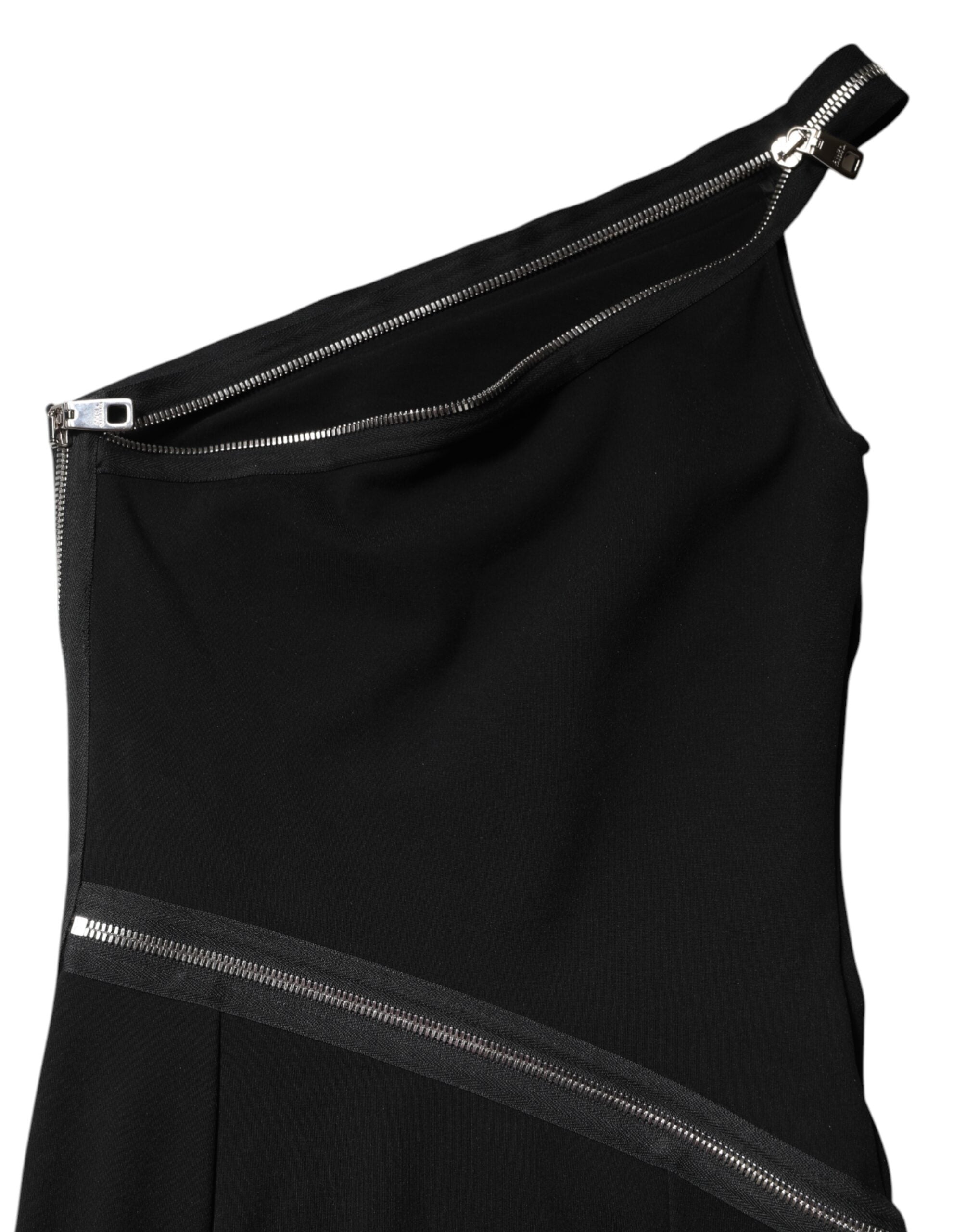 Black Viscose One Shoulder Zipper Sheath Dress - ventzia