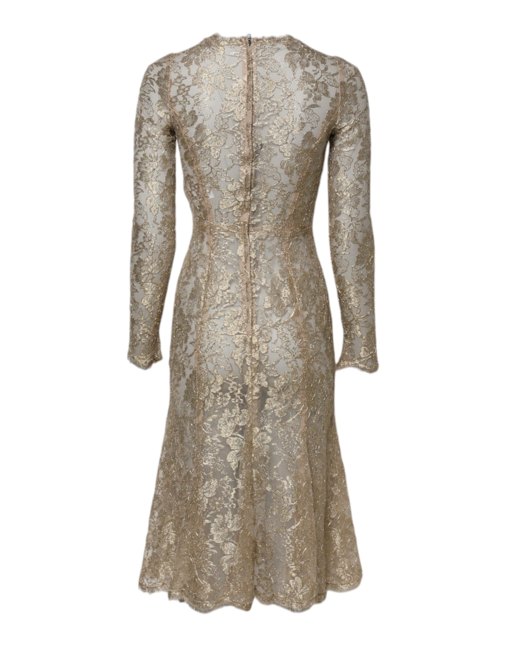 Gold Floral Lace Long Sleeves Fit & Flare Dress - ventzia