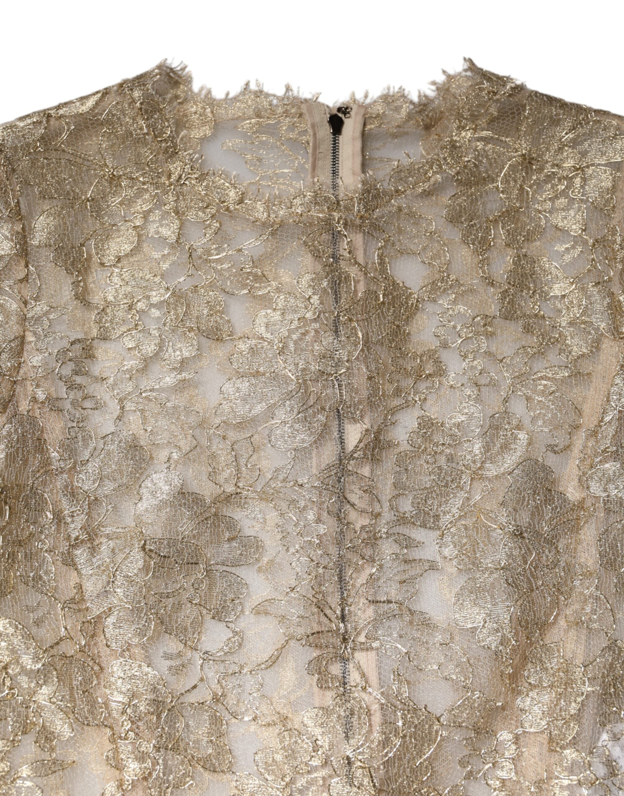 Gold Floral Lace Long Sleeves Fit & Flare Dress - ventzia