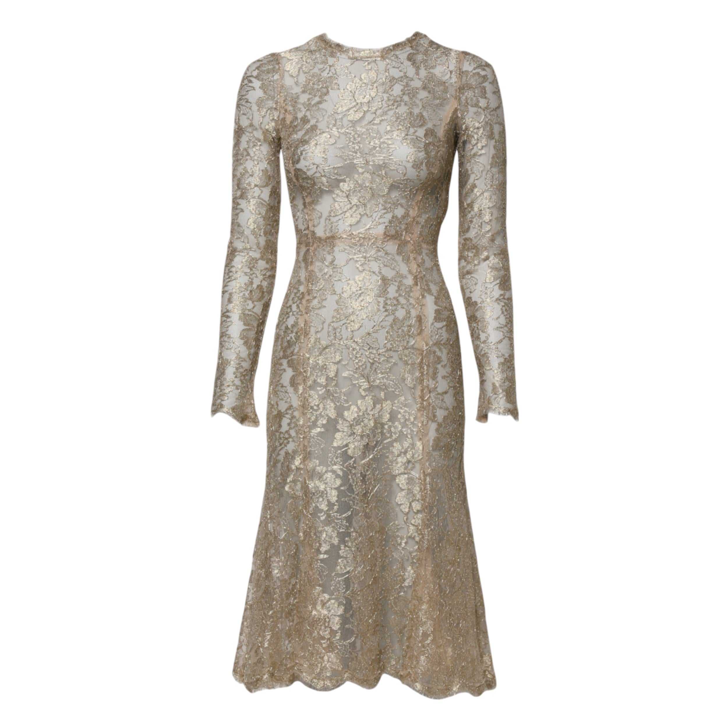 Gold Floral Lace Long Sleeves Fit & Flare Dress - ventzia