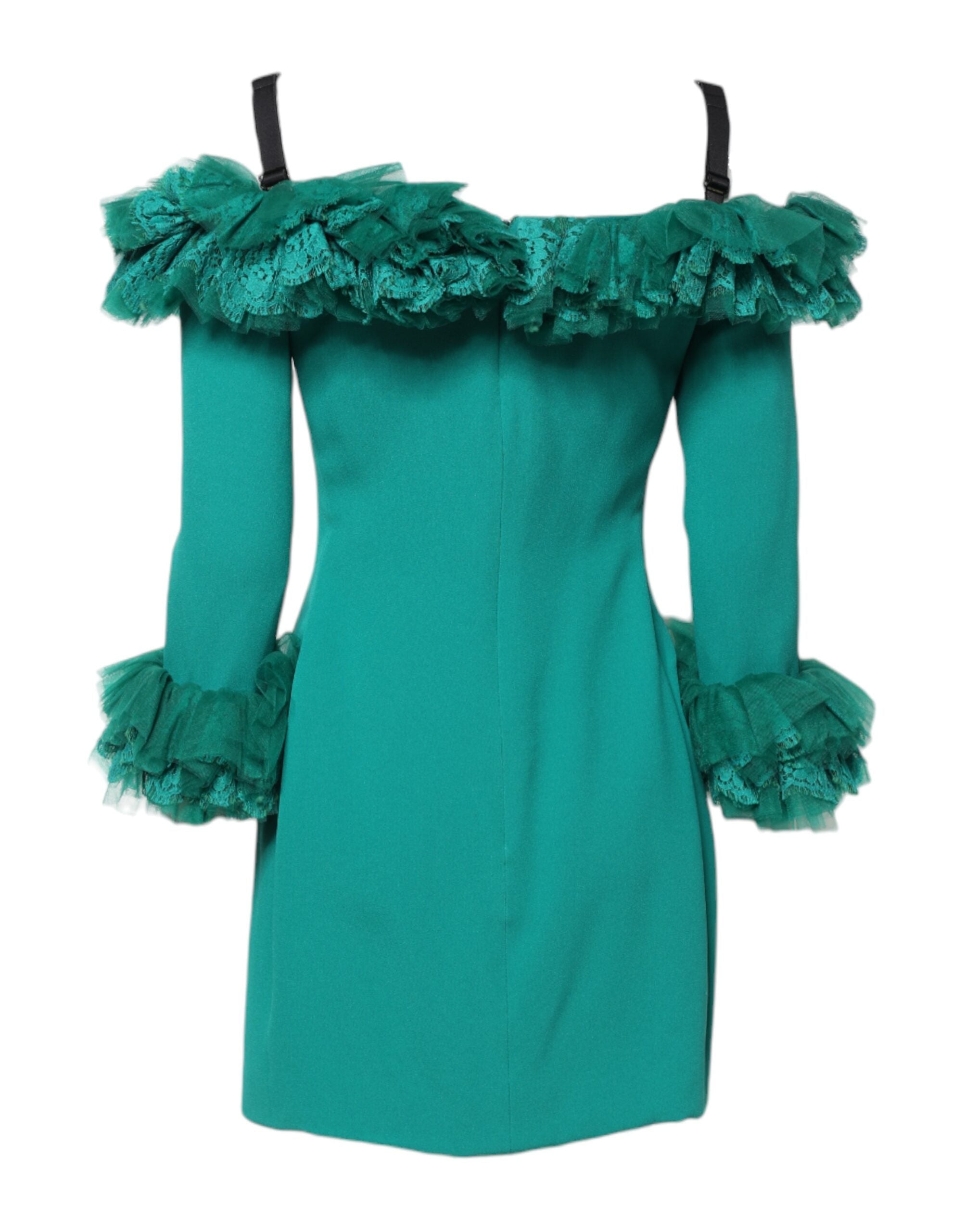 Green Lace Off Shoulder Sheath Mini Dress - ventzia