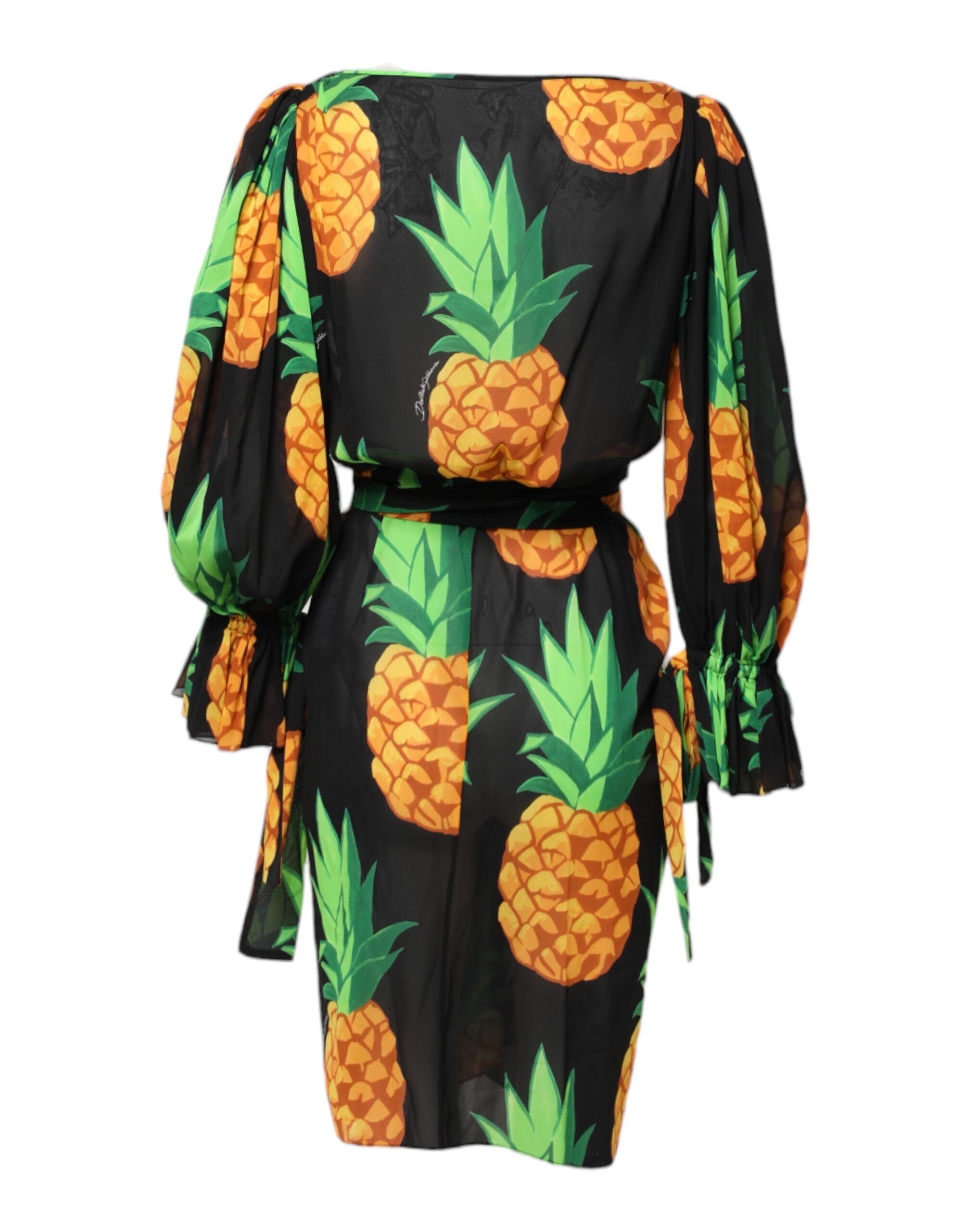 Black Pineapple Print Silk Wrap Mini Dress - ventzia