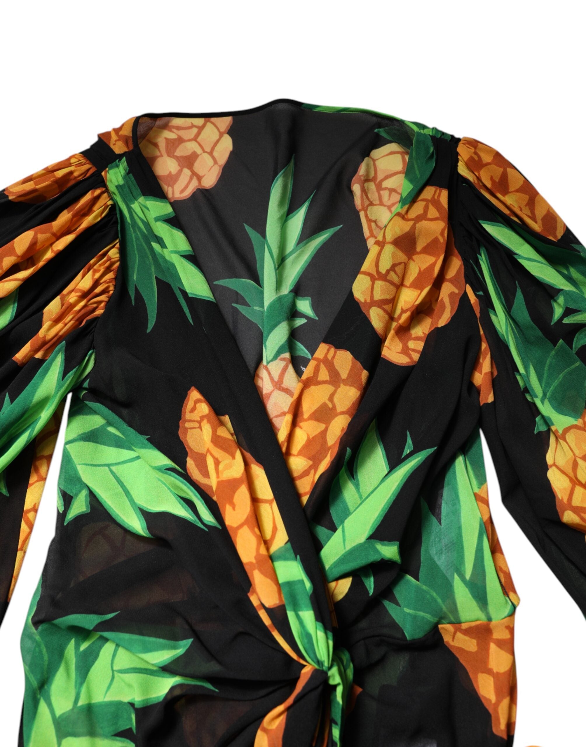 Black Pineapple Print Silk Wrap Mini Dress - ventzia