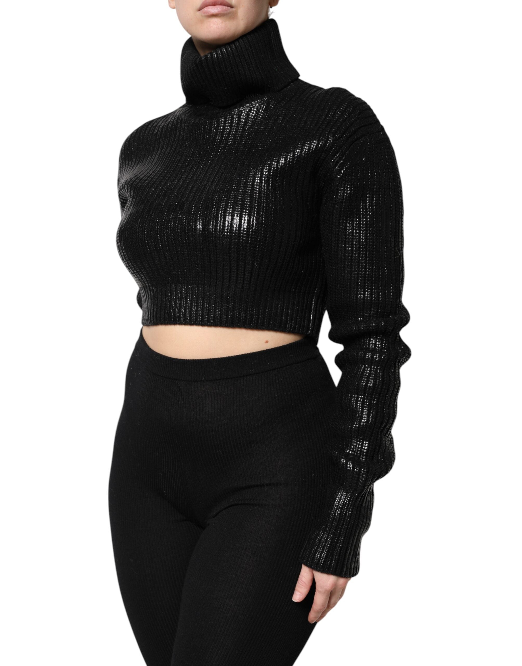Black Wool Long Sleeve Turtleneck Cropped Top - ventzia