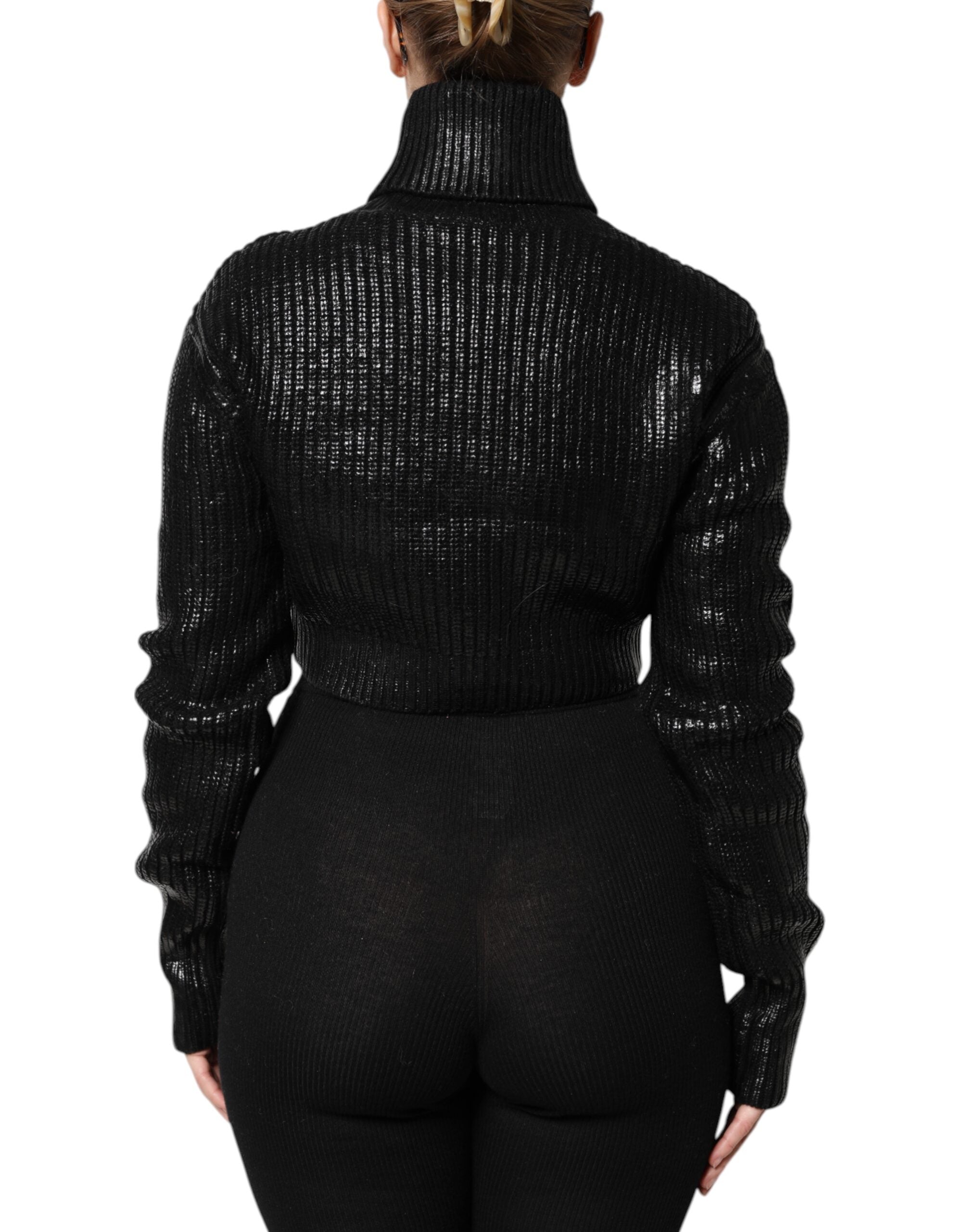 Black Wool Long Sleeve Turtleneck Cropped Top - ventzia