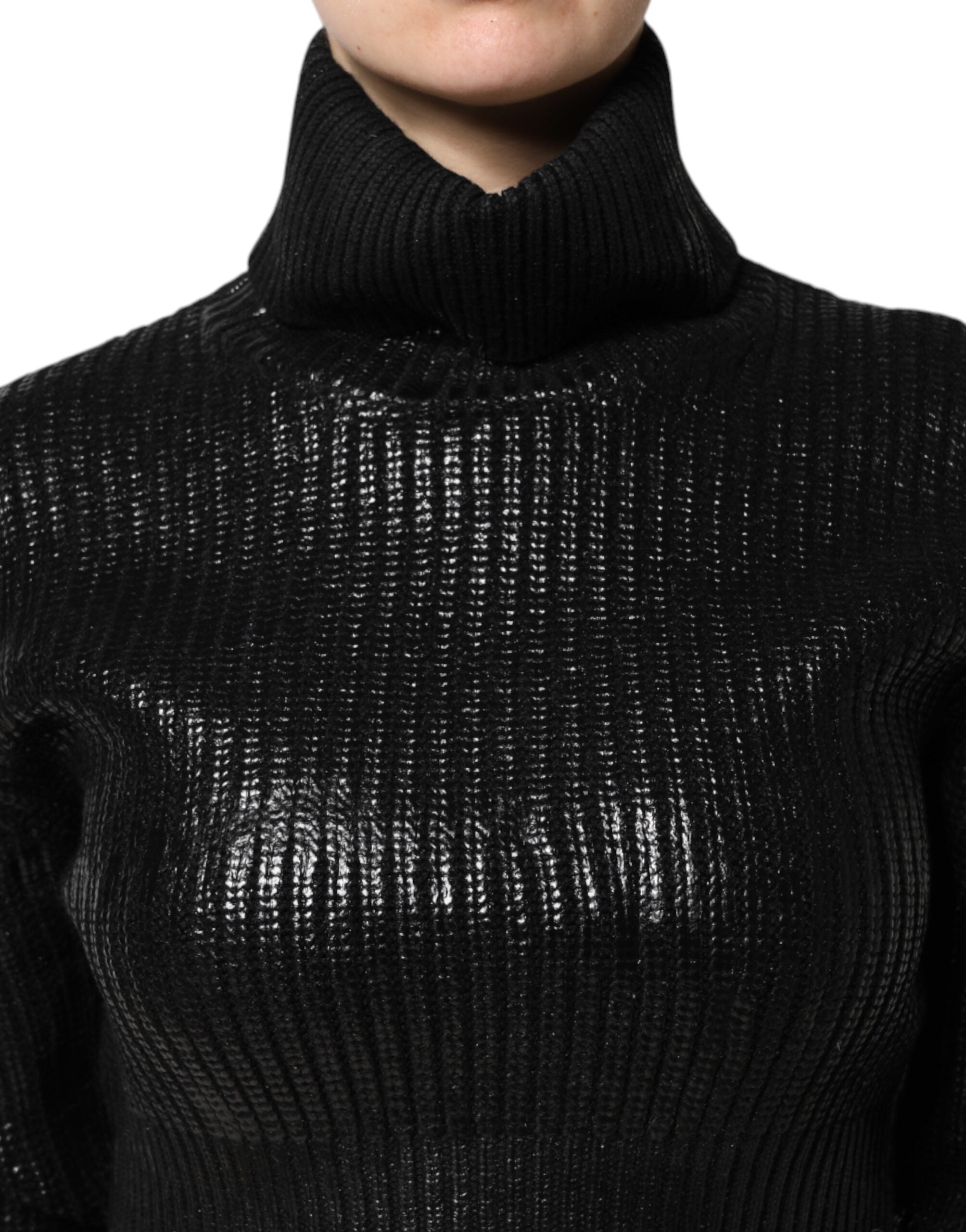 Black Wool Long Sleeve Turtleneck Cropped Top - ventzia
